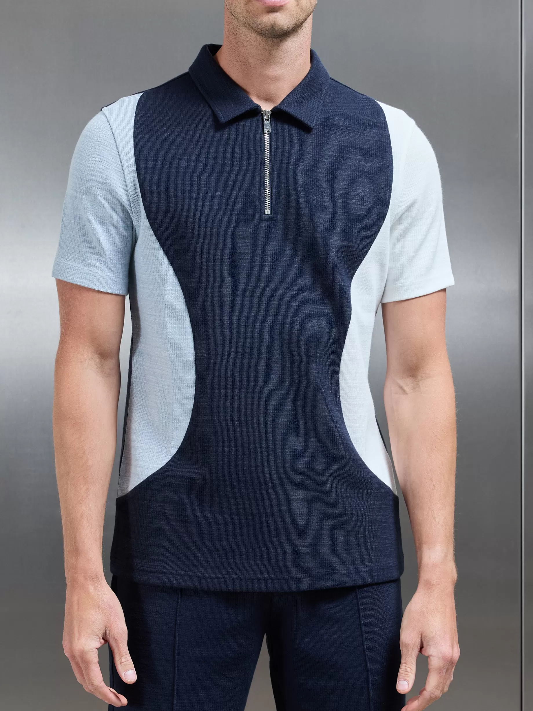 Cheap ARNE Cavour Colour Block Zip Polo Shirt - Navy