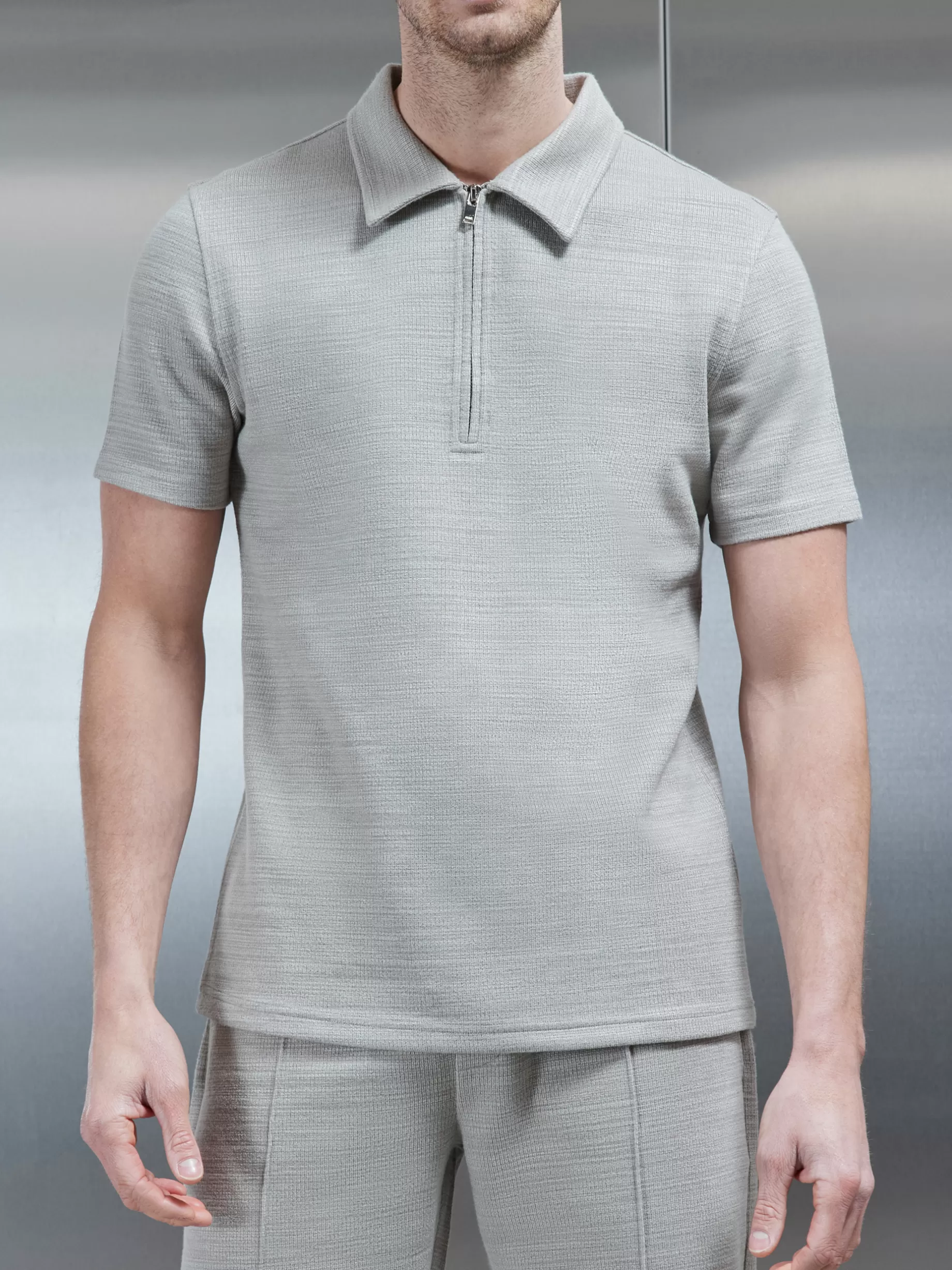 Shop ARNE Cavour Textured Half Zip Polo Shirt - Stone