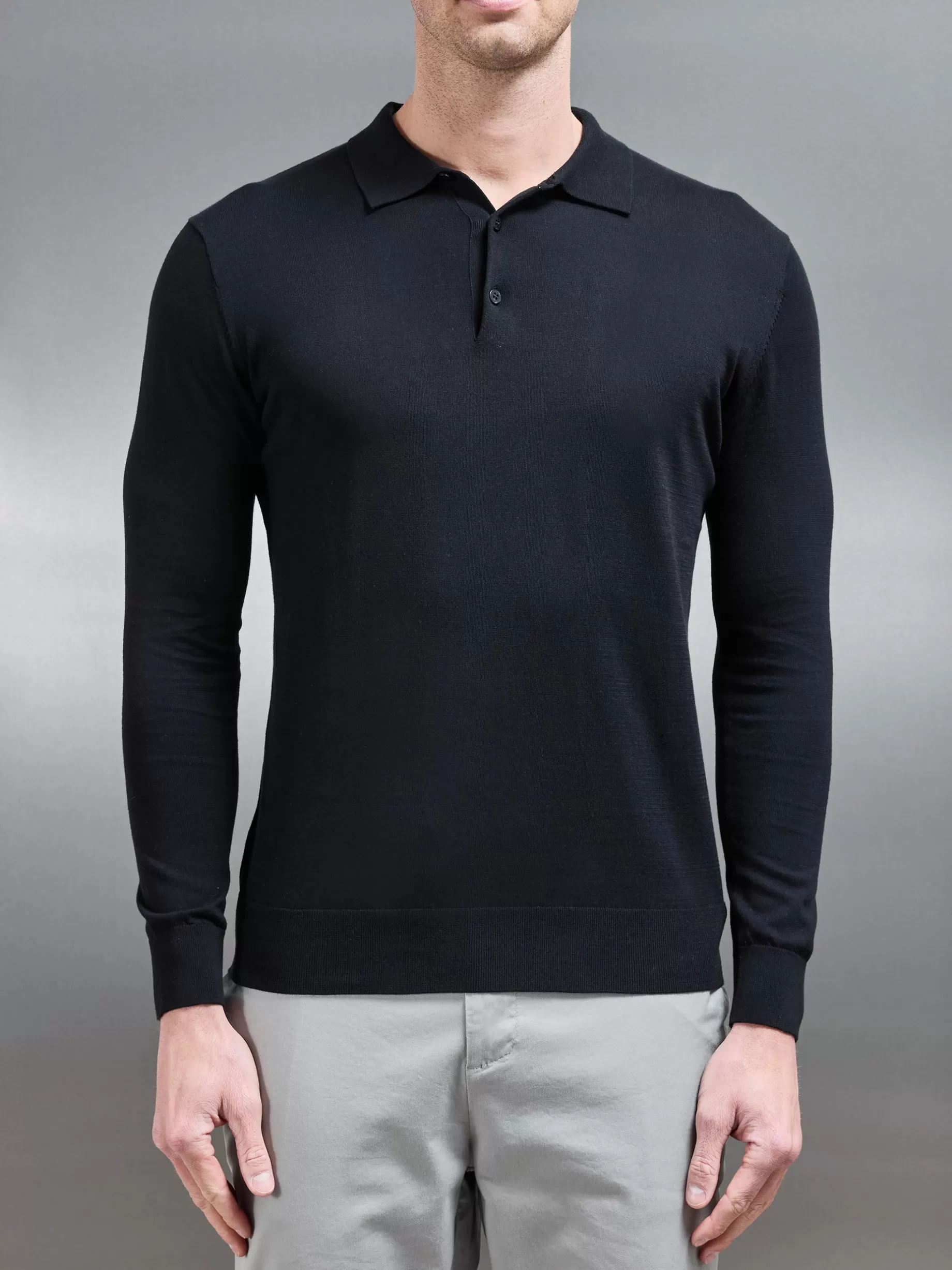 Clearance ARNE Cotton & Silk Long Sleeve Button Polo Shirt - Black