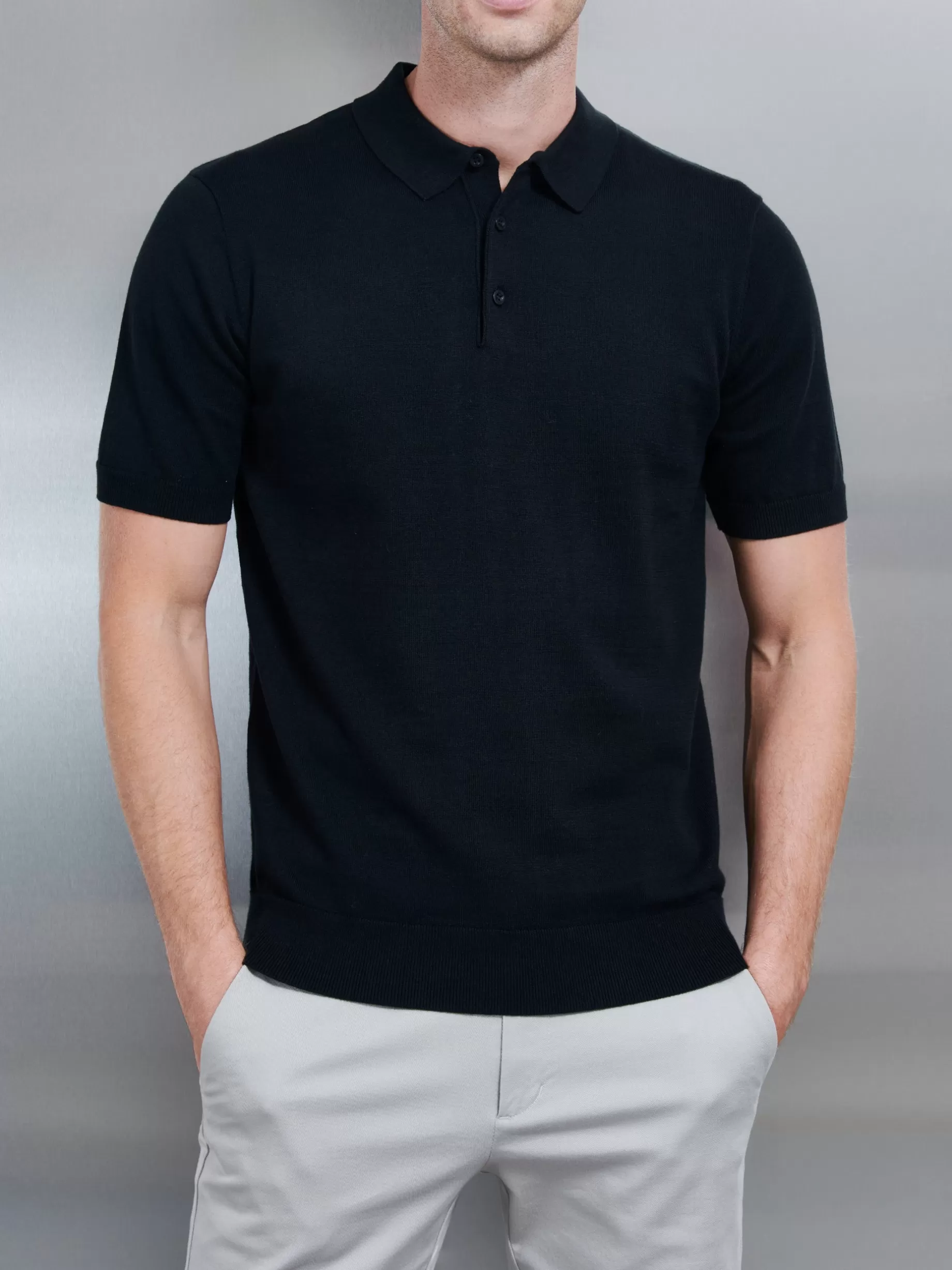 Sale ARNE Cotton Knitted Button Polo Shirt - Black