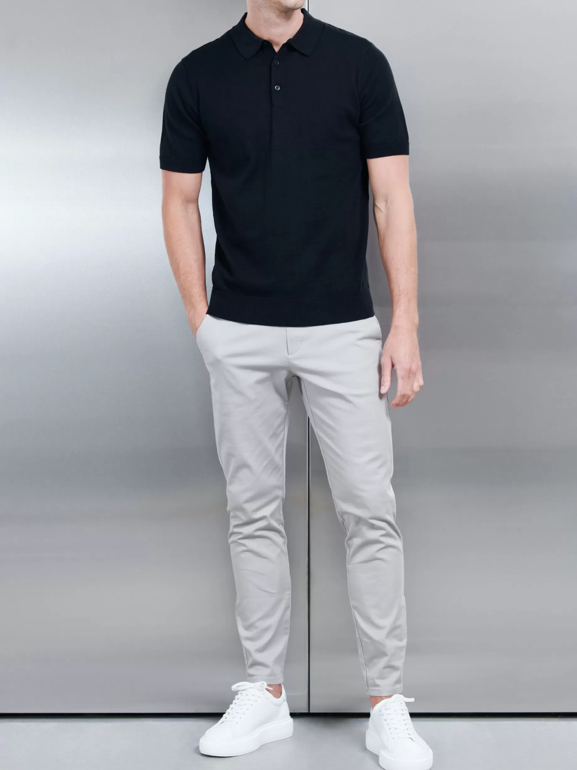 Sale ARNE Cotton Knitted Button Polo Shirt - Black