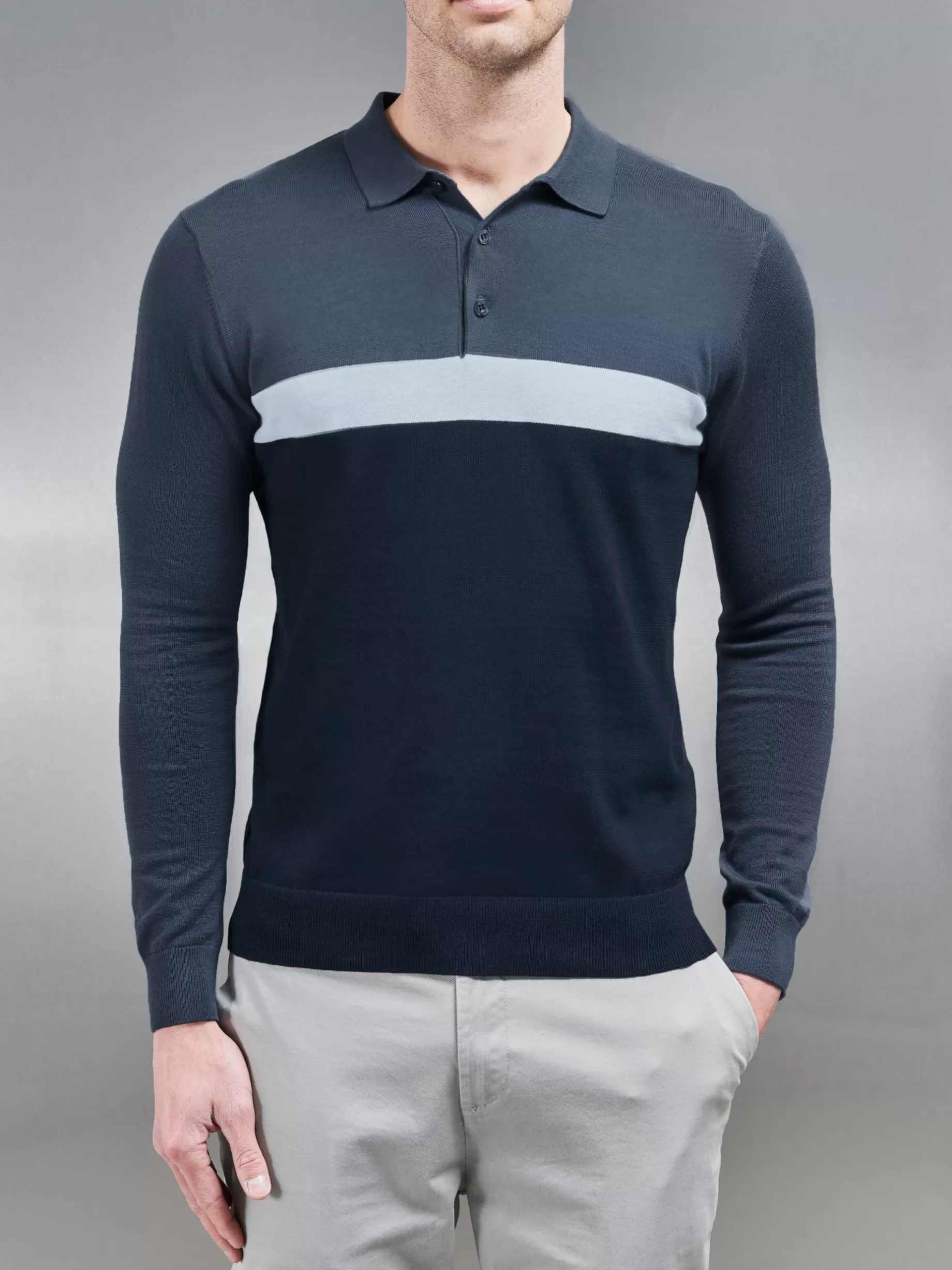 Outlet ARNE Cotton Knitted Colour Block Polo Shirt - Navy