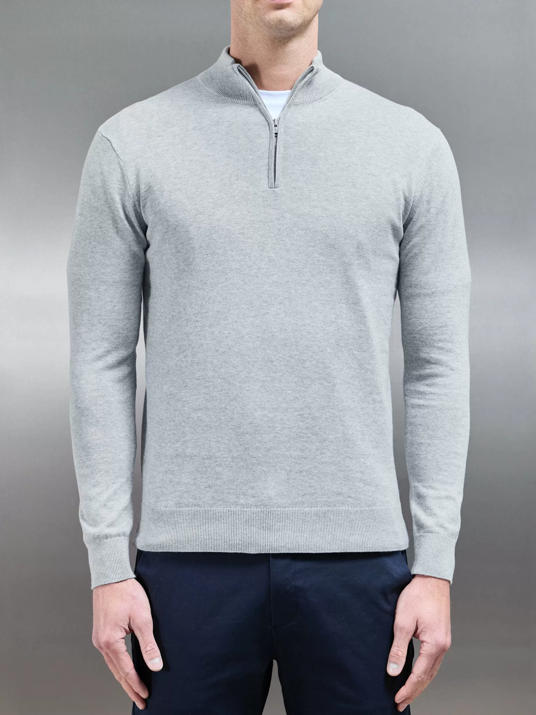 Flash Sale ARNE Cotton Knitted Half Zip Funnel Neck Jumper - Marl Grey MarlGrey