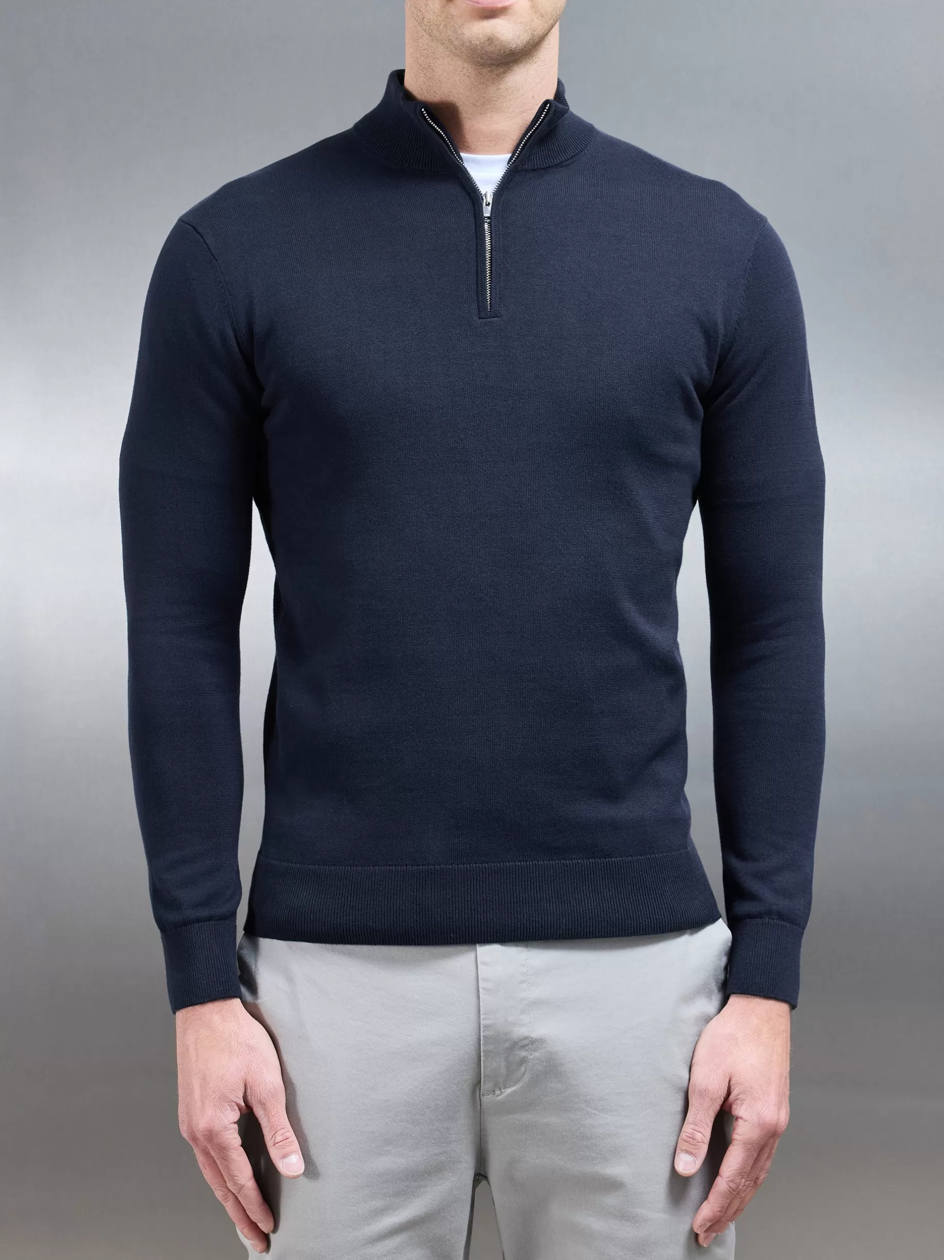 Clearance ARNE Cotton Knitted Half Zip Funnel Neck Jumper - Navy