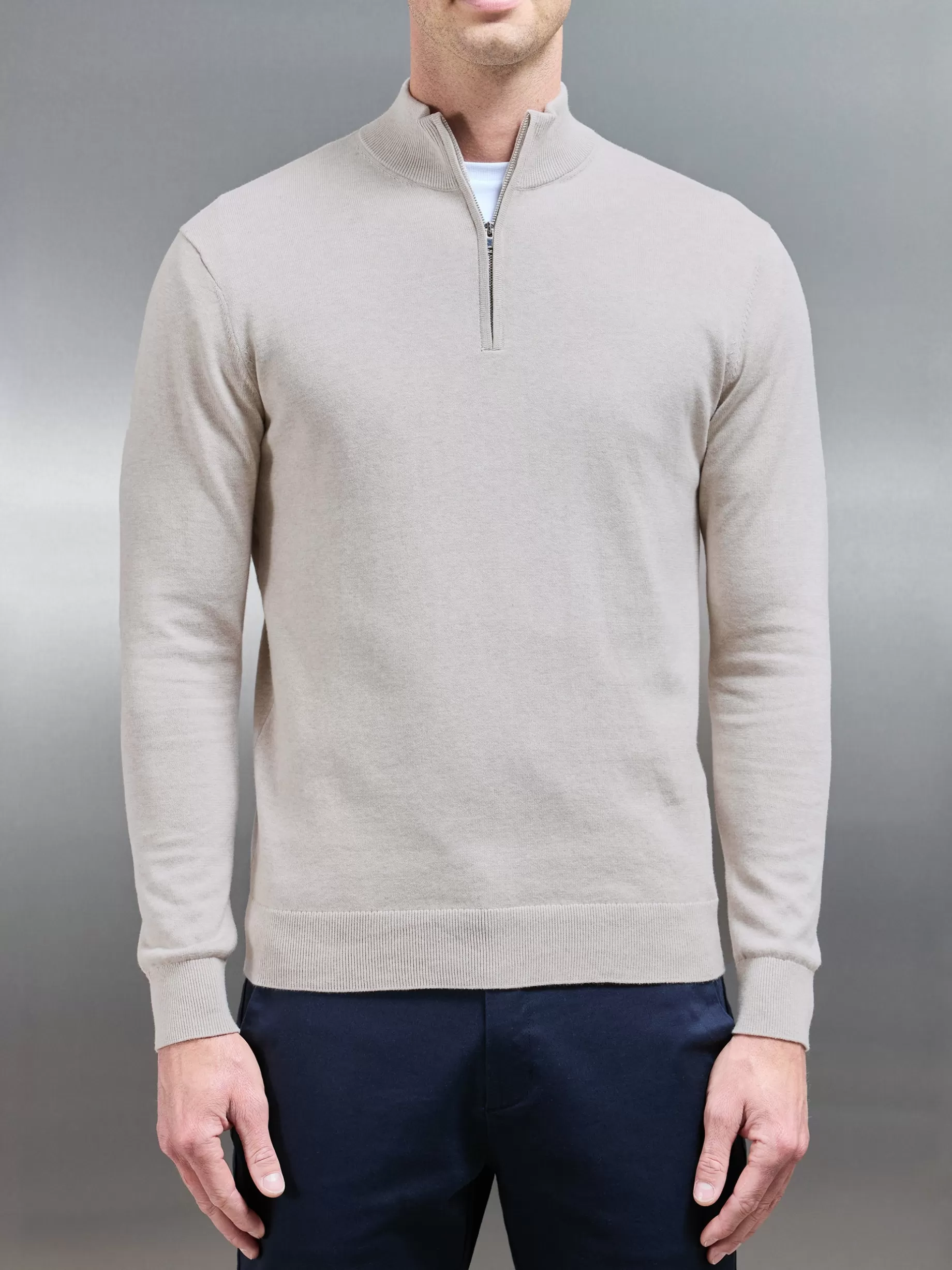 Shop ARNE Cotton Knitted Half Zip Funnel Neck Jumper - Oatmeal