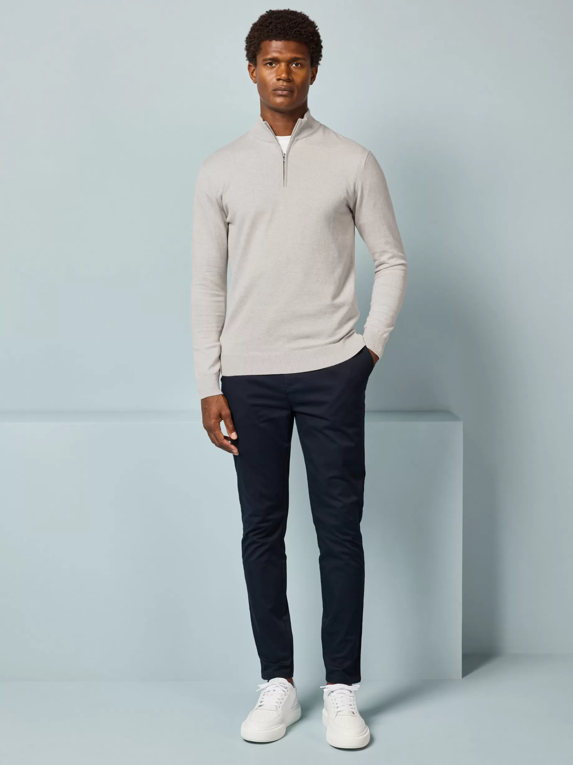 Shop ARNE Cotton Knitted Half Zip Funnel Neck Jumper - Oatmeal