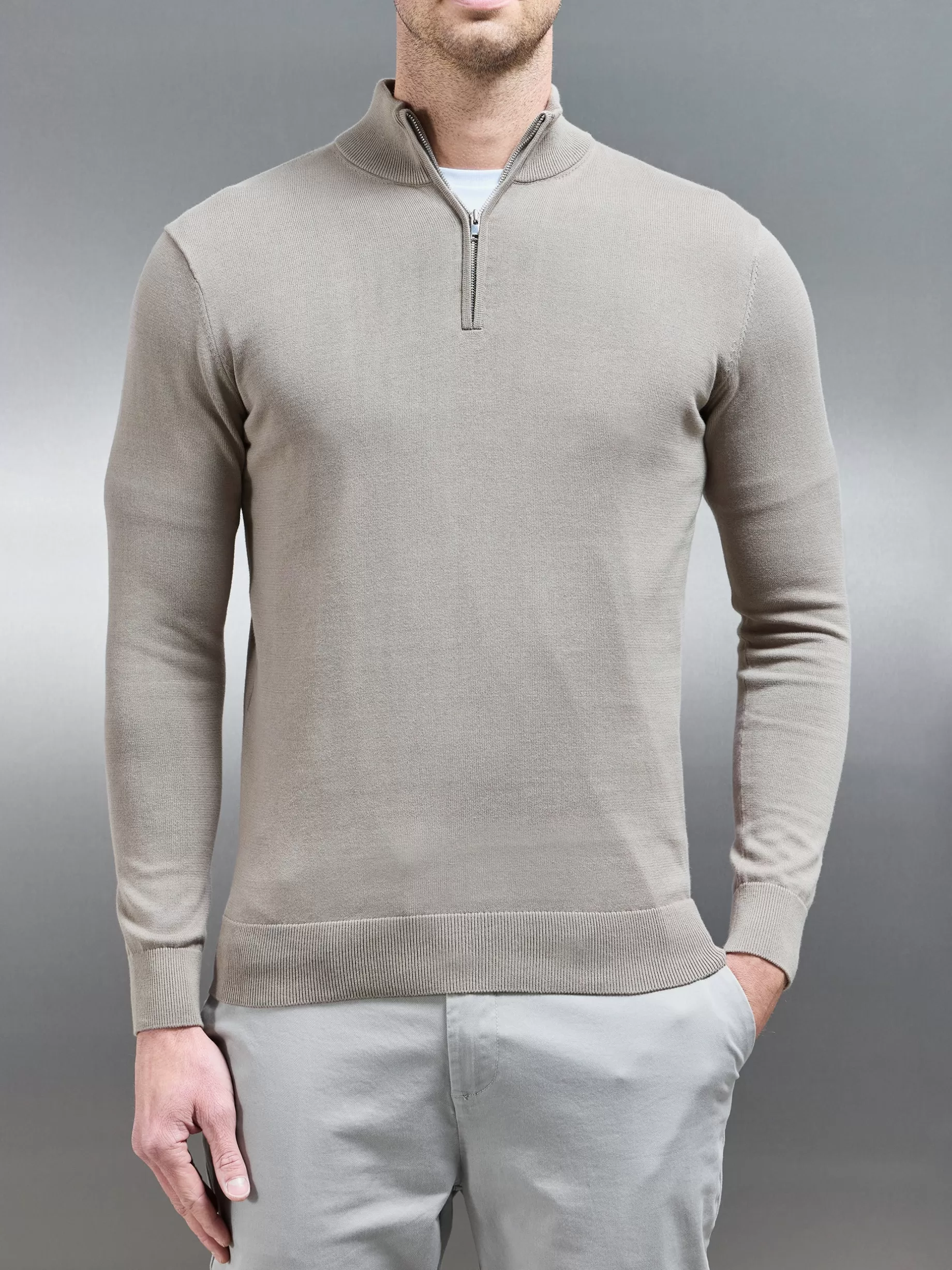 Fashion ARNE Cotton Knitted Half Zip Funnel Neck Jumper - Taupe