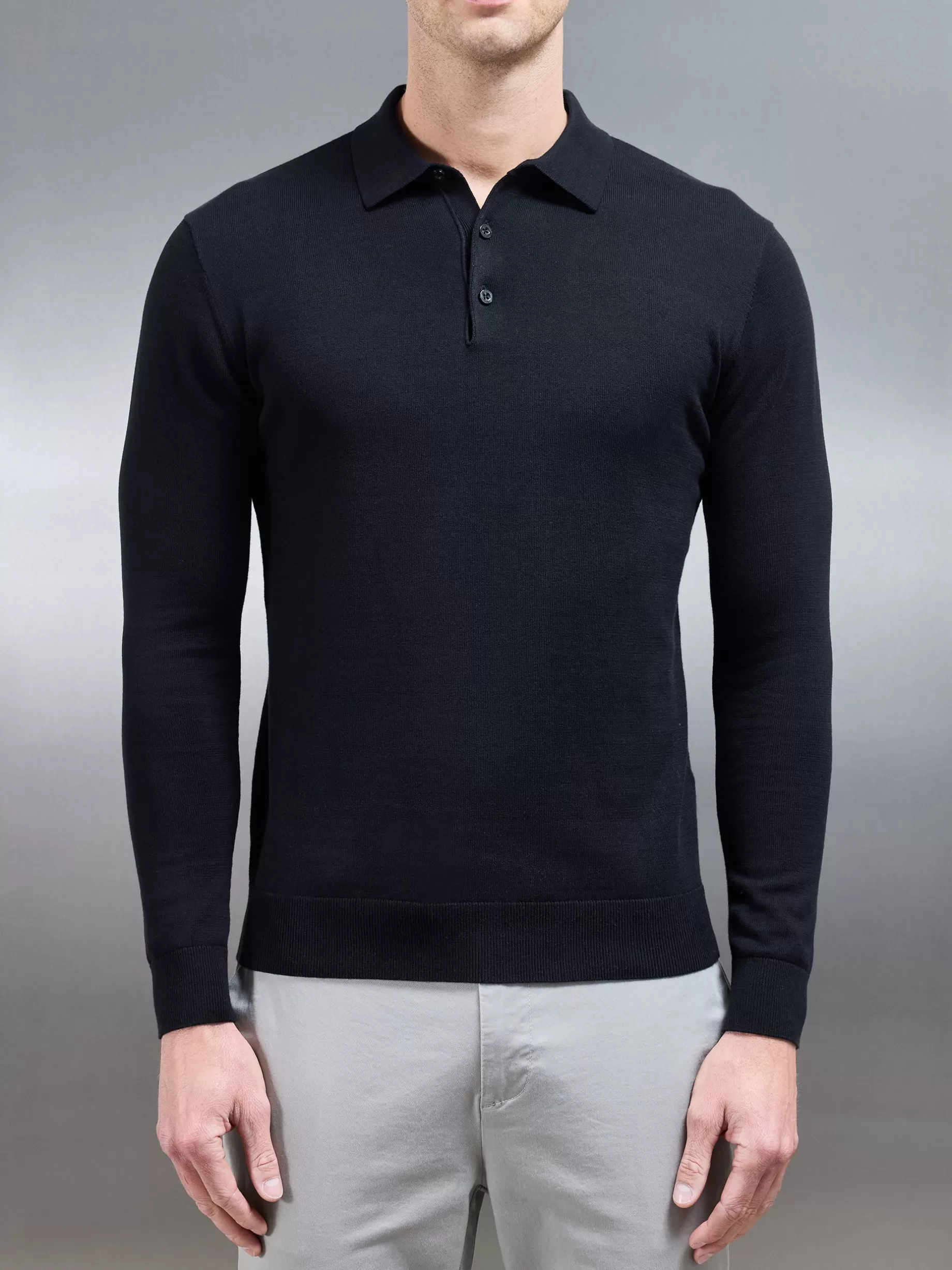 Store ARNE Cotton Knitted Long Sleeve Button Polo Shirt - Black