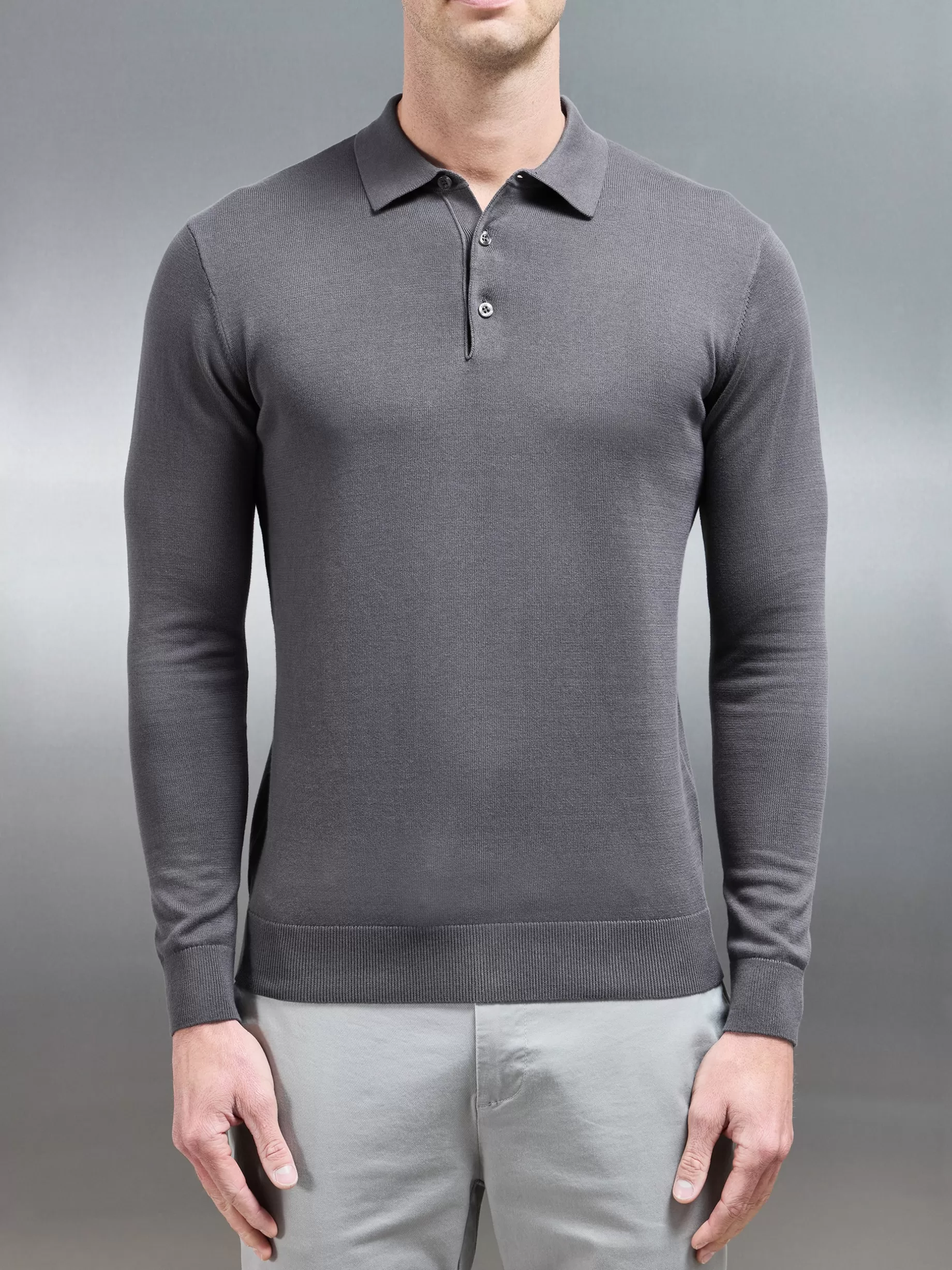 Best Sale ARNE Cotton Knitted Long Sleeve Button Polo Shirt - Grey