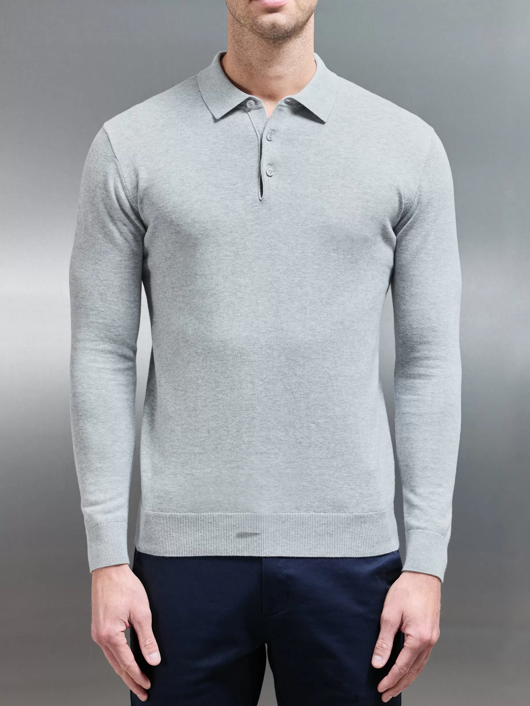 New ARNE Cotton Knitted Long Sleeve Button Polo Shirt - Marl Grey MarlGrey