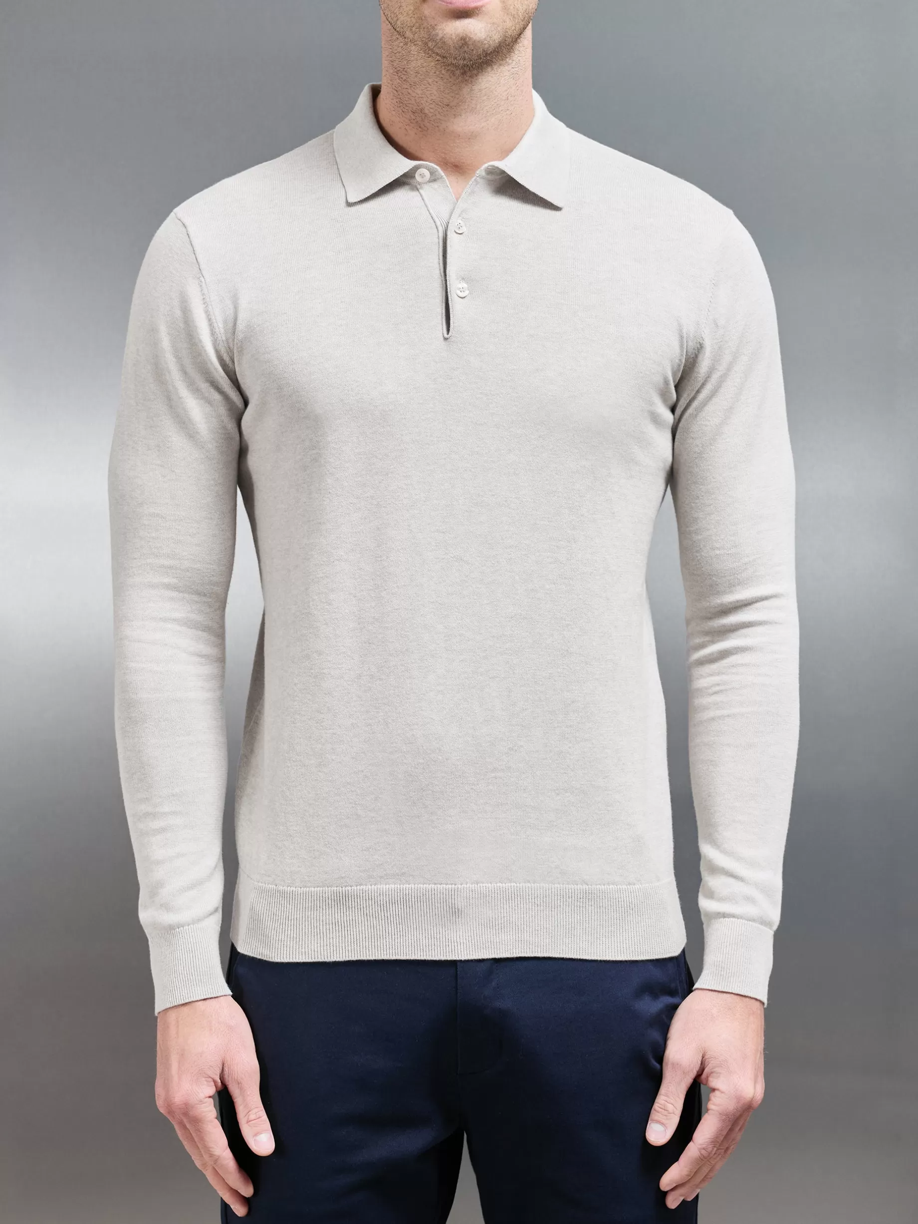 New ARNE Cotton Knitted Long Sleeve Button Polo Shirt - Oatmeal