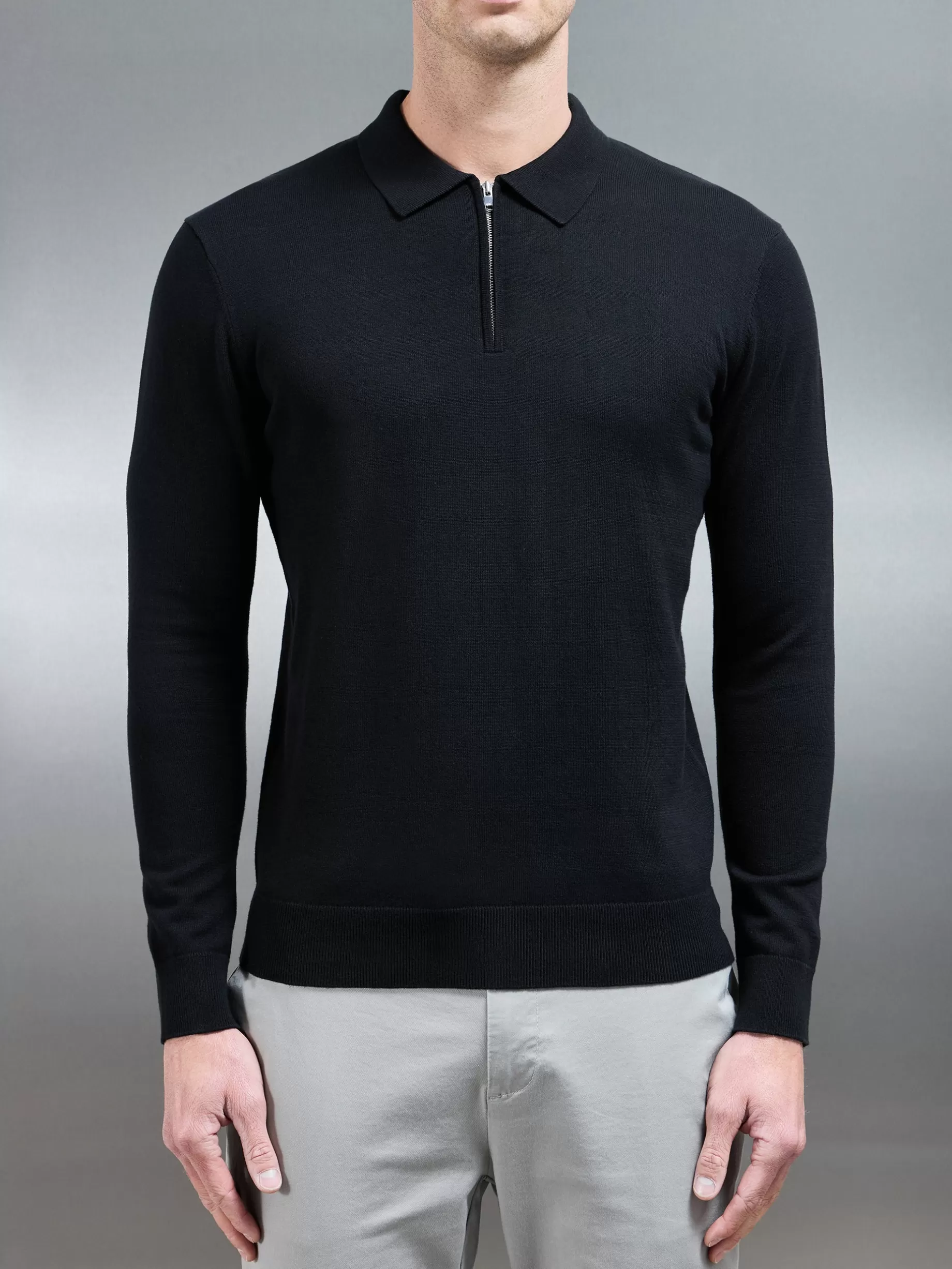 Discount ARNE Cotton Knitted Long Sleeve Half Zip Polo Shirt - Black