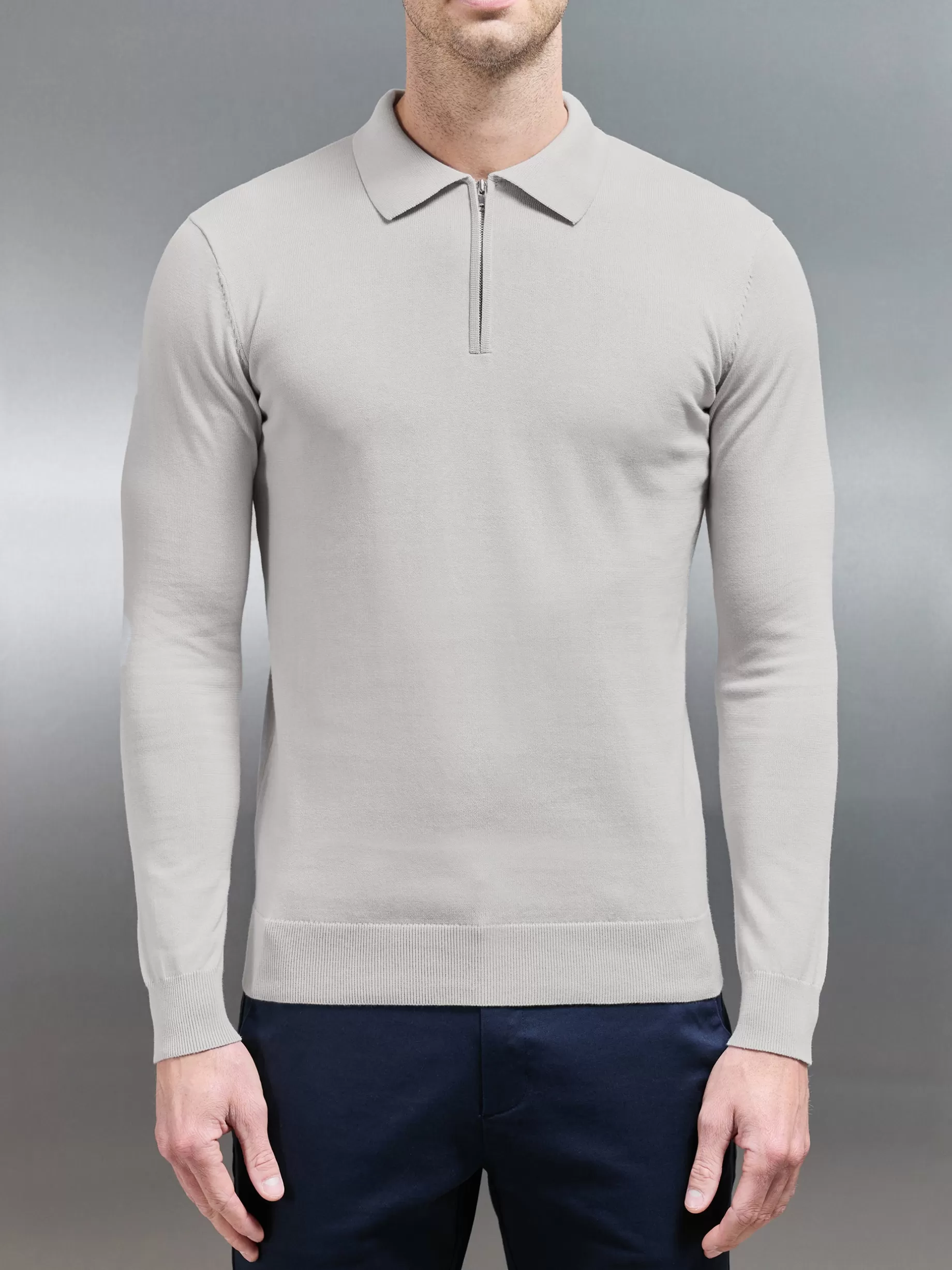 Hot ARNE Cotton Knitted Long Sleeve Half Zip Polo Shirt - Oatmeal