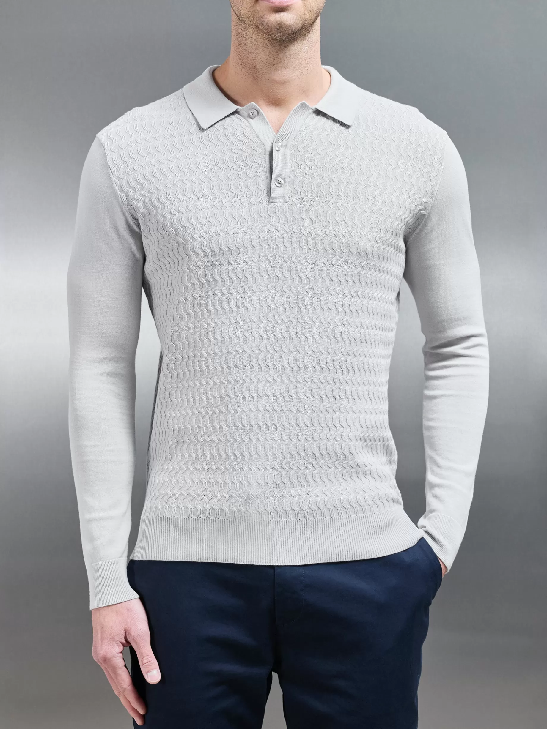 Best Sale ARNE Cotton Knitted Long Sleeve Textured Polo Shirt - Mid Grey MidGrey