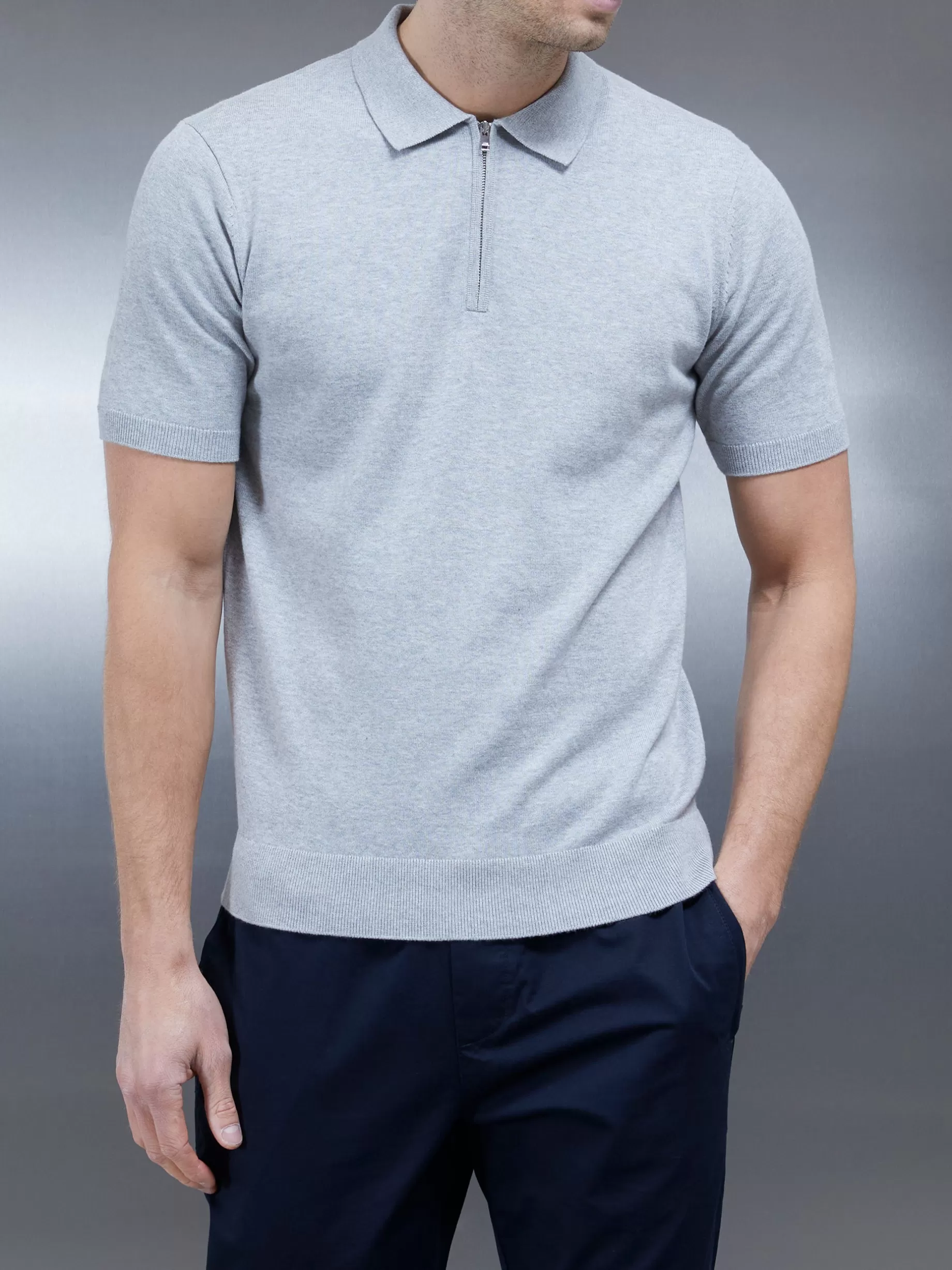 Outlet ARNE Cotton Knitted Zip Polo Shirt - Marl Grey MarlGrey