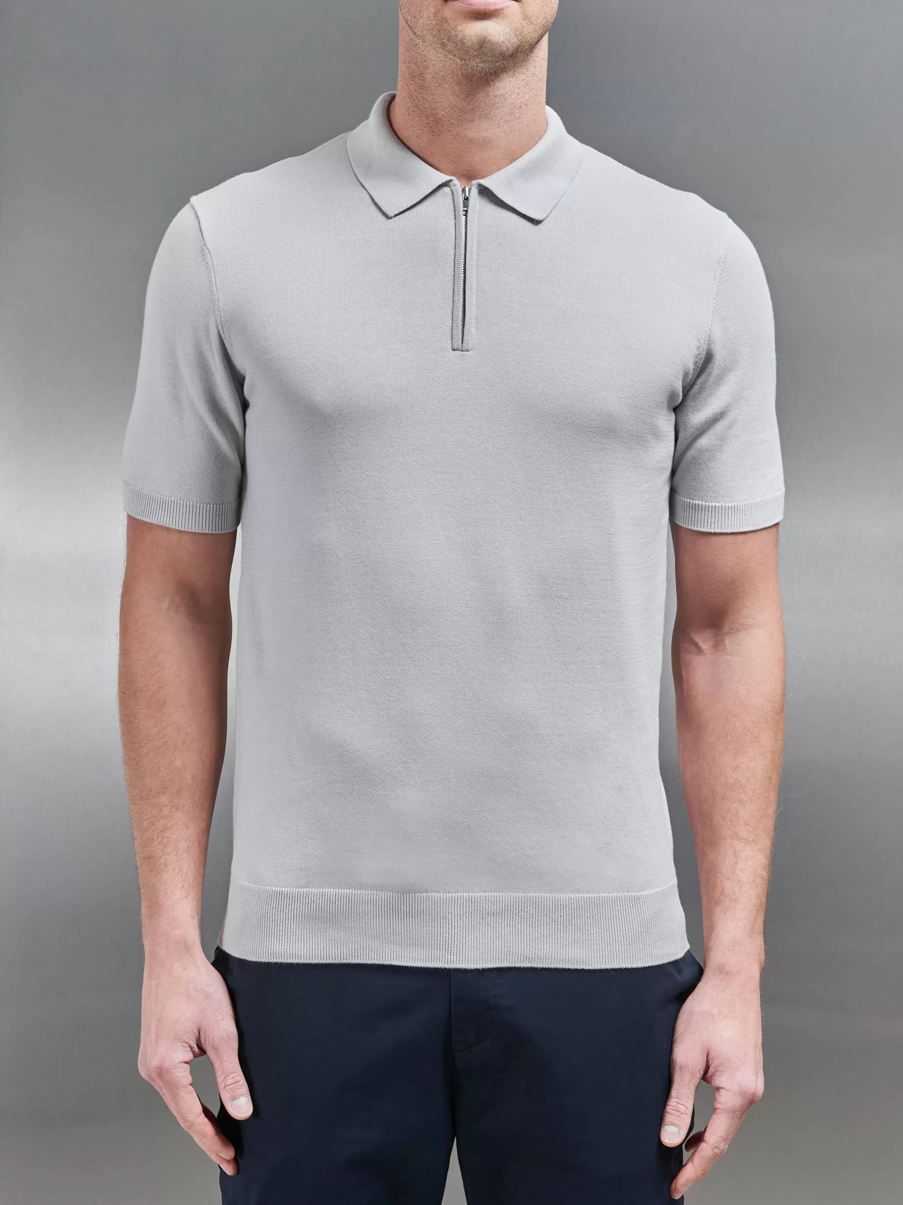 Flash Sale ARNE Cotton Knitted Zip Polo Shirt - Mid Grey MidGrey