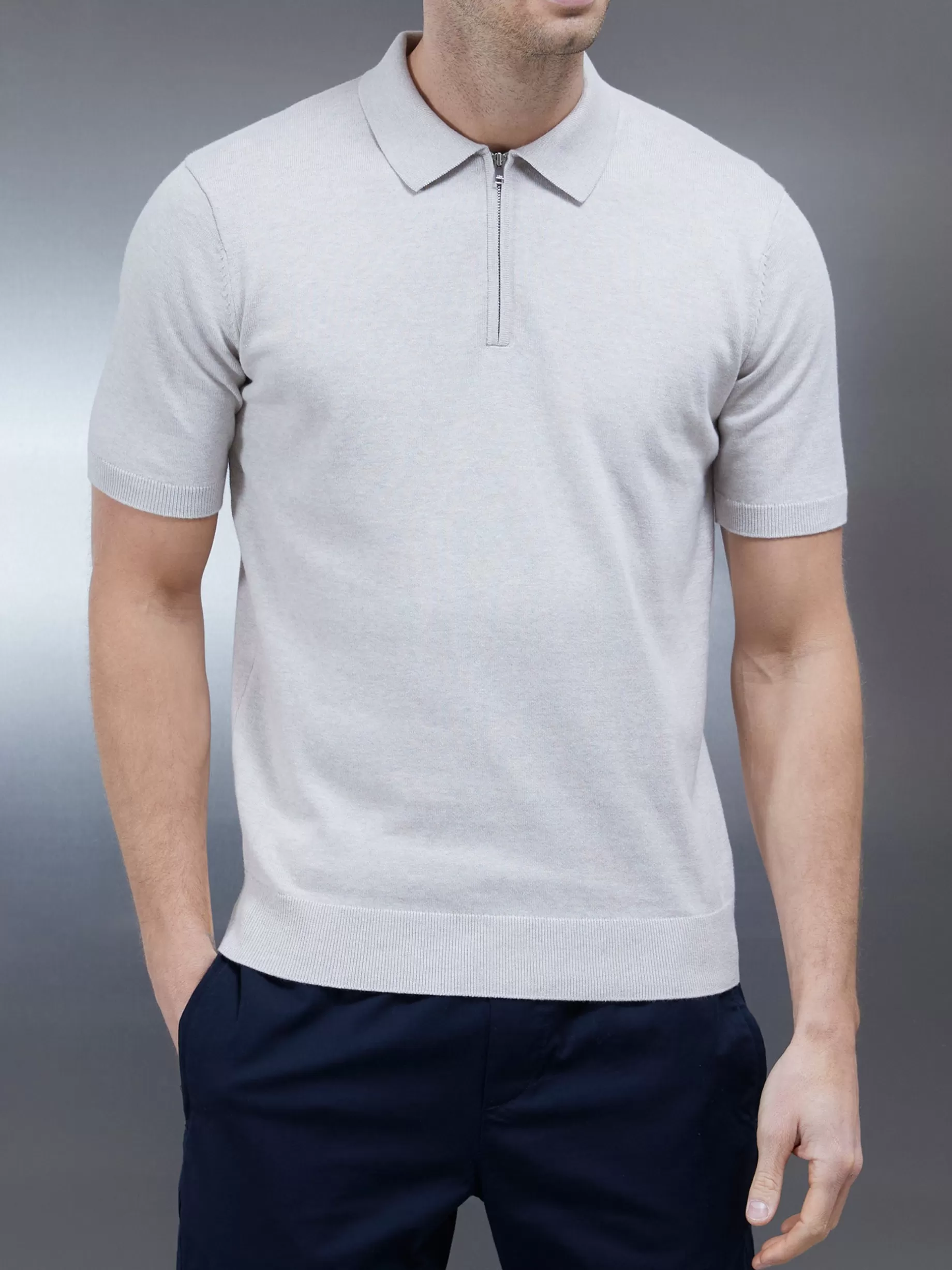 Sale ARNE Cotton Knitted Zip Polo Shirt - Oatmeal