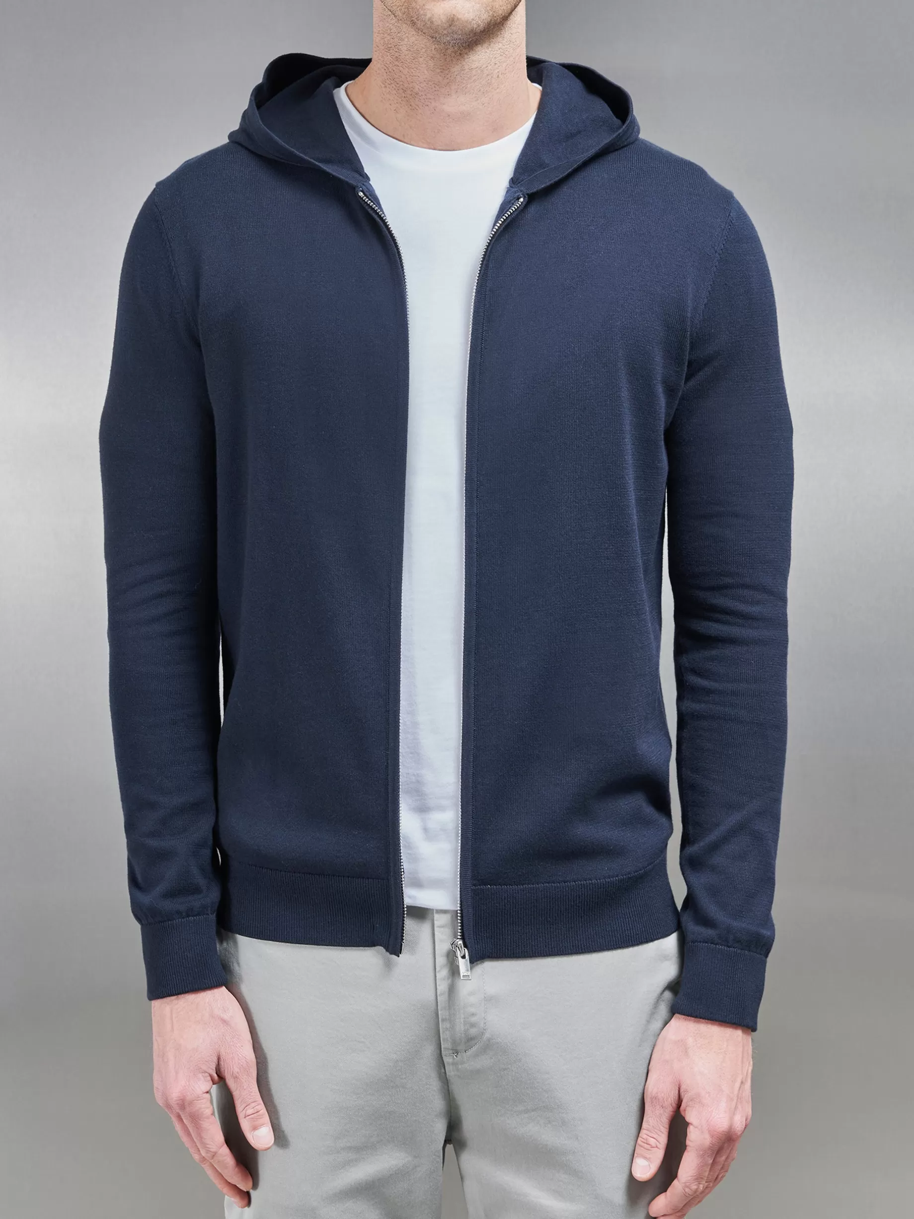 Store ARNE Cotton Knitted Zip Through Hoodie - Navy