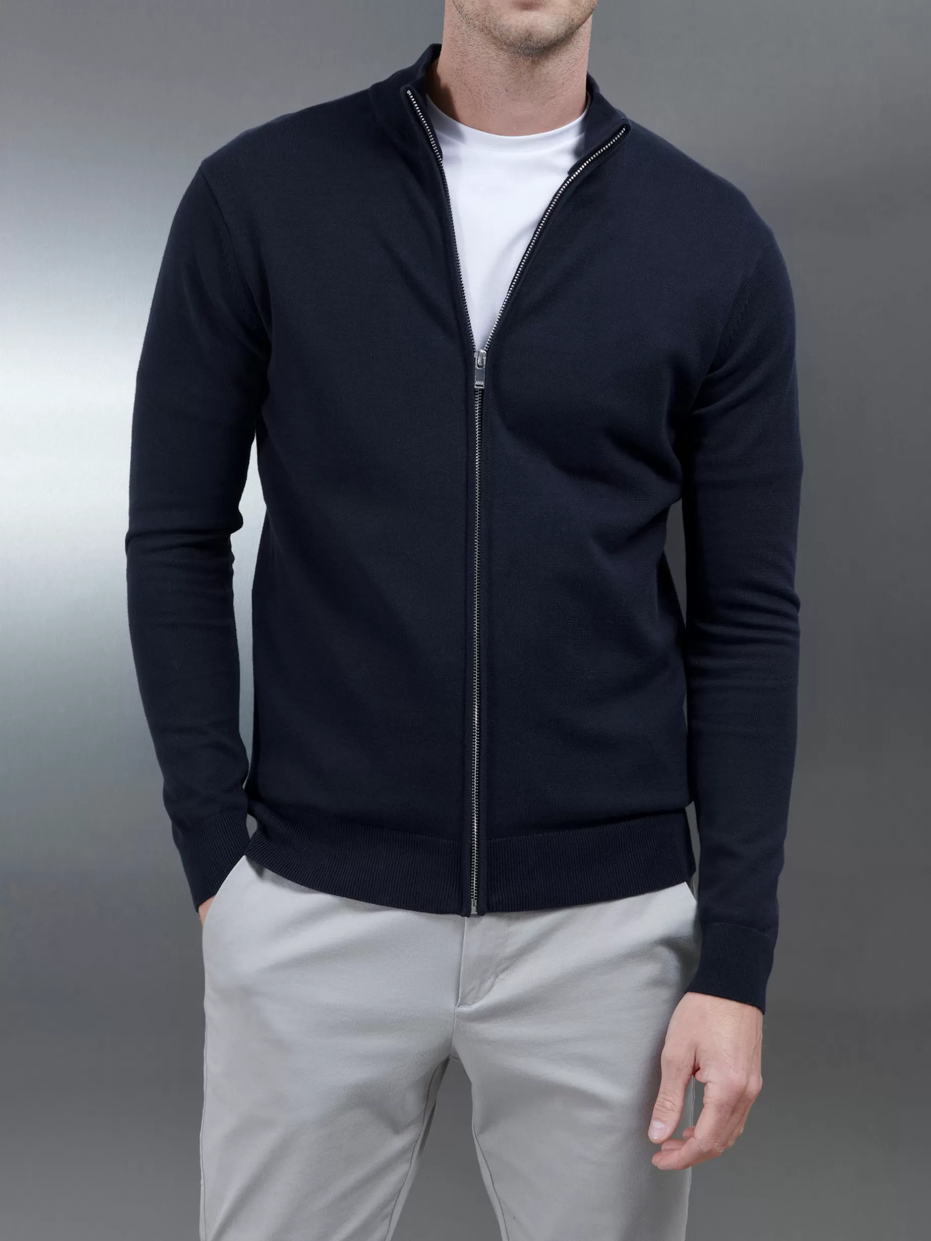 Outlet ARNE Cotton Knitted Zip Through Jacket - Navy