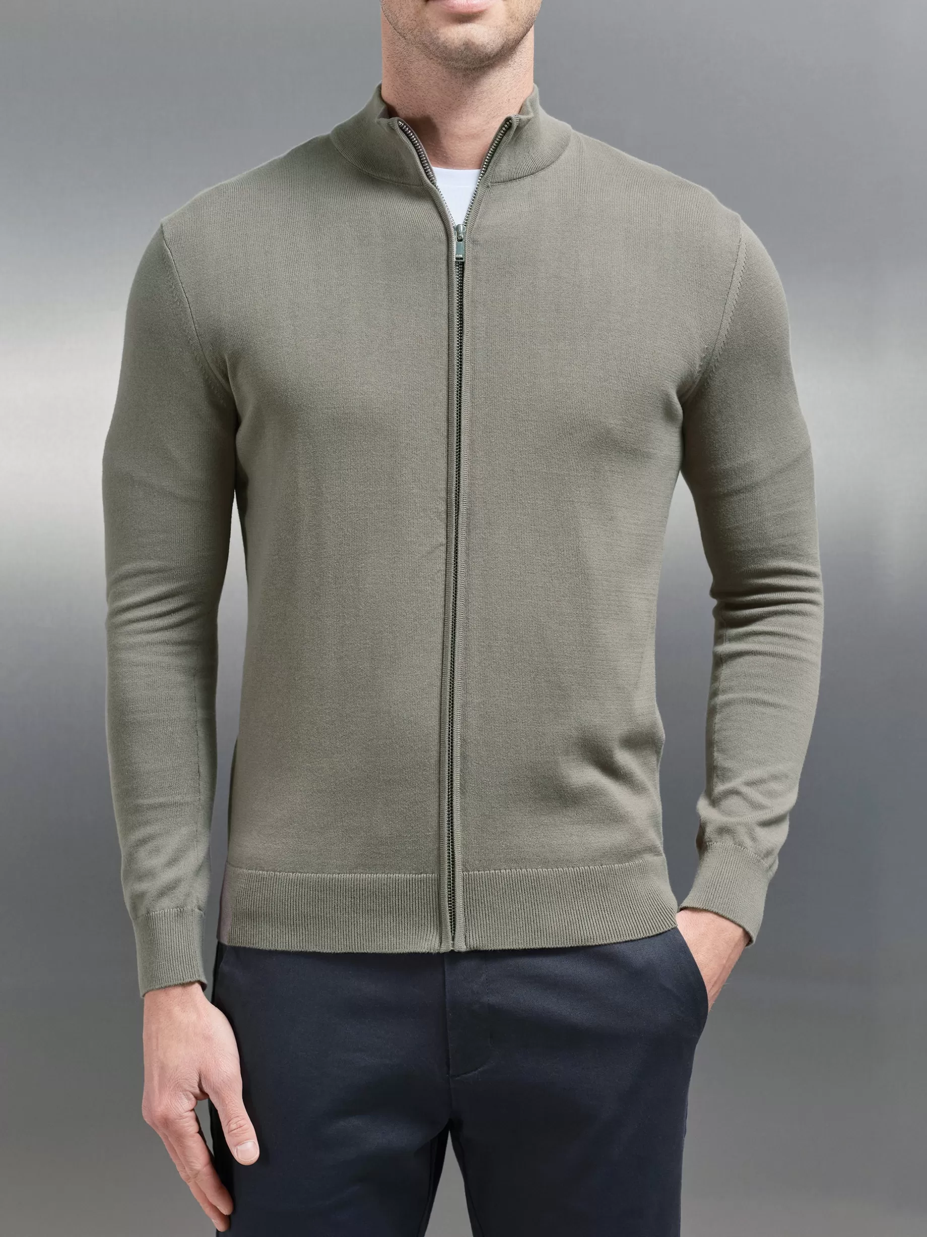 New ARNE Cotton Knitted Zip Through Jacket - Sage