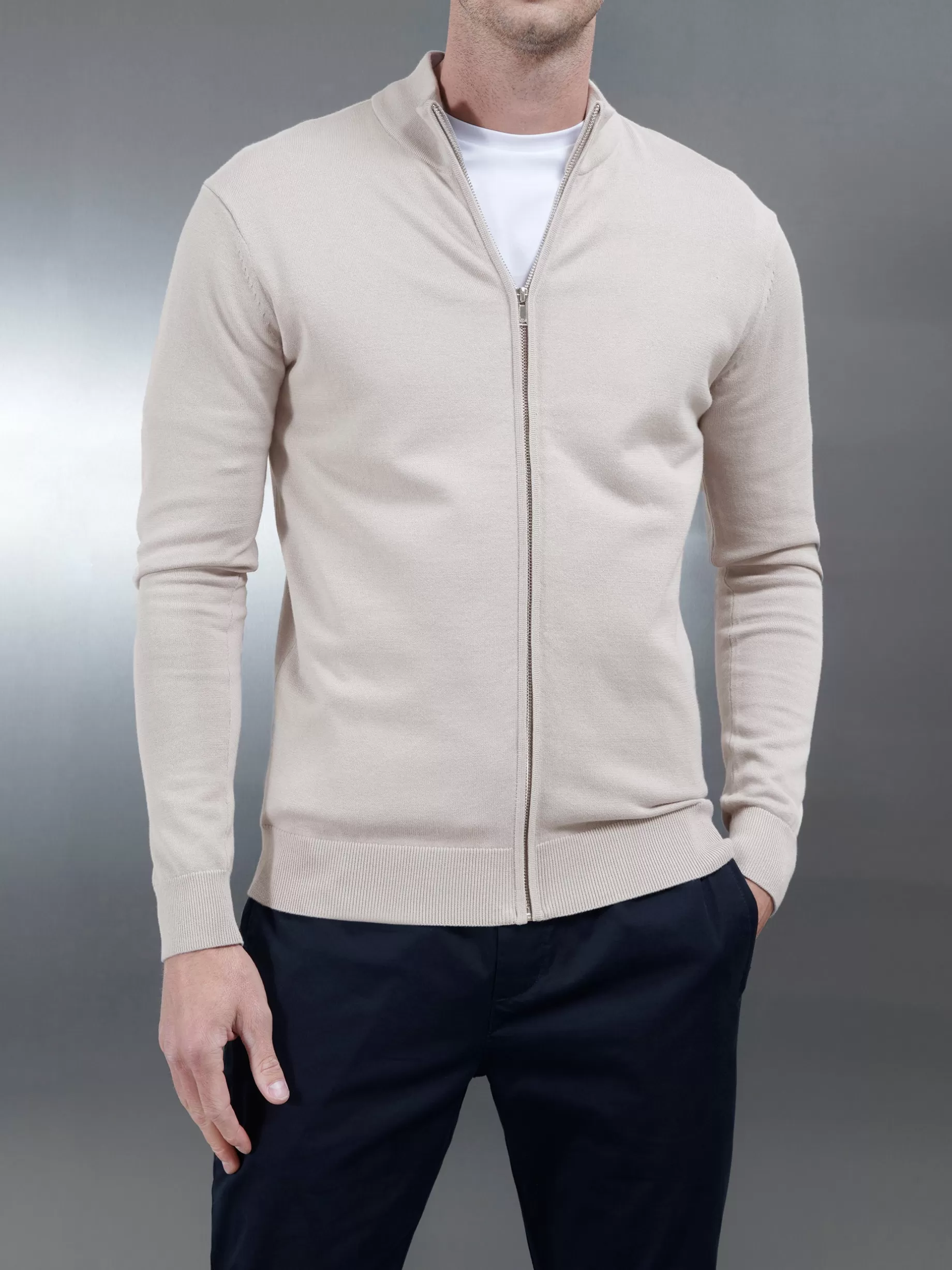 Flash Sale ARNE Cotton Knitted Zip Through Jacket - Stone