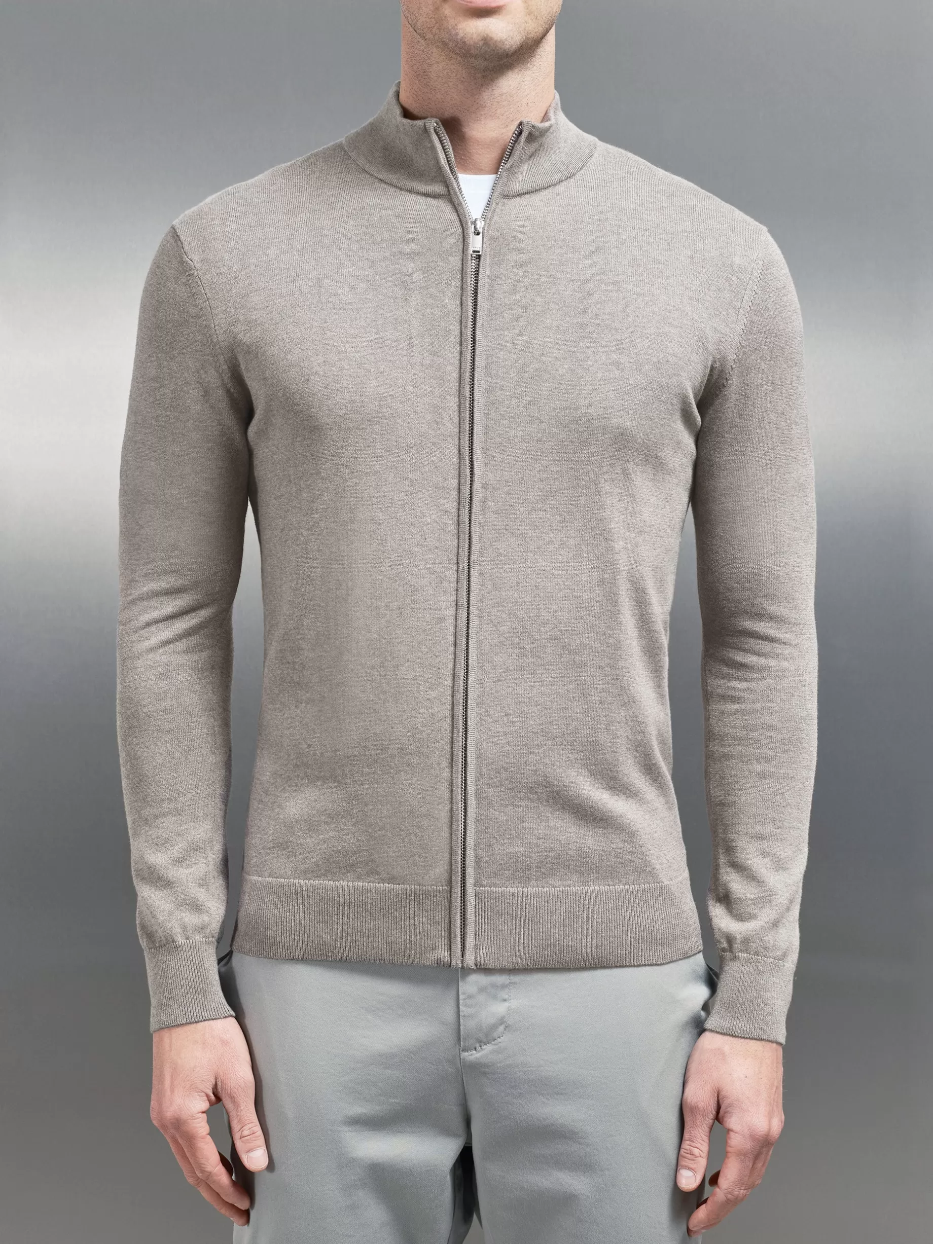 New ARNE Cotton Knitted Zip Through Jacket - Taupe Marl TaupeMarl