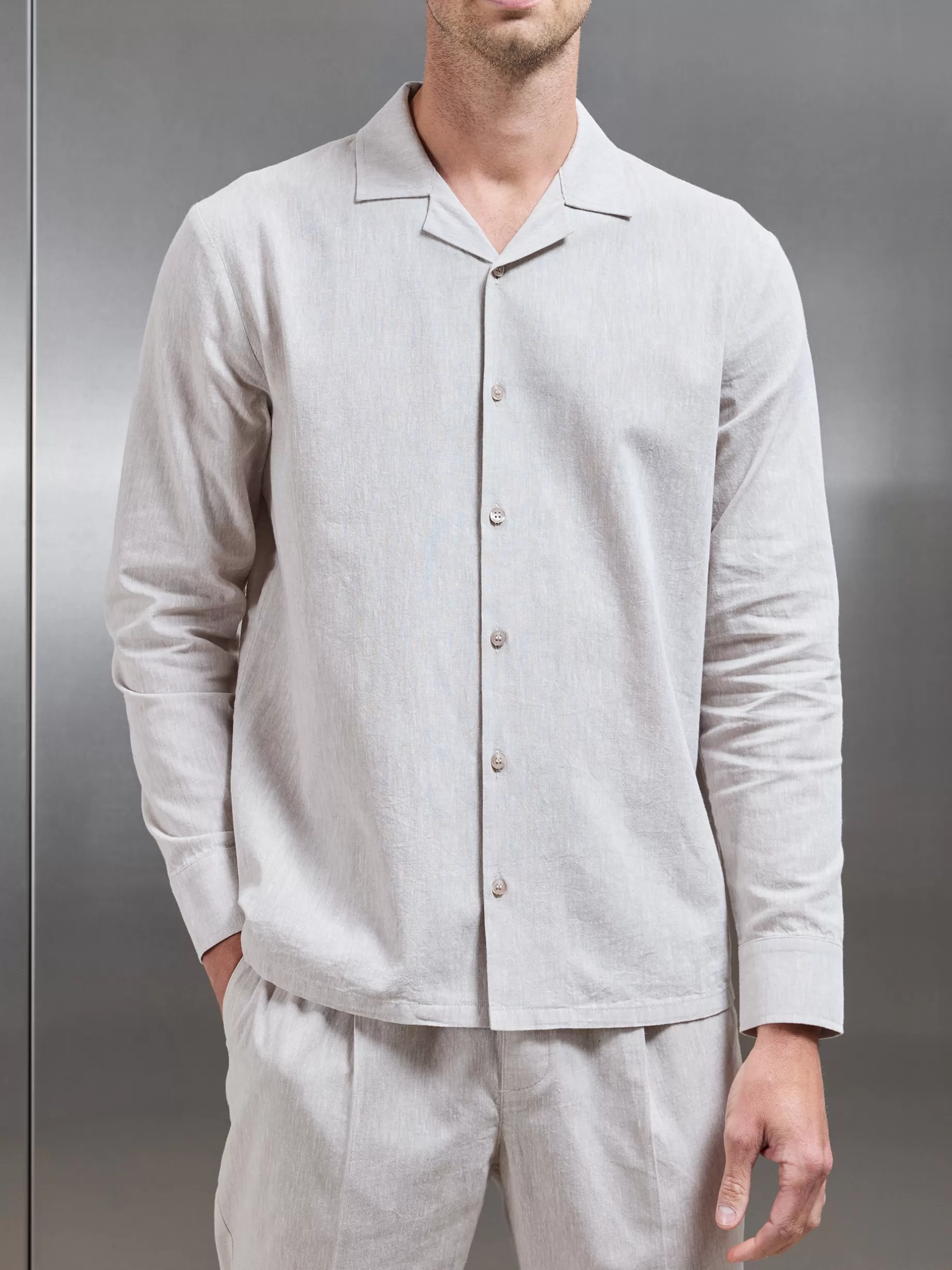 Online ARNE Cotton Linen Revere Collar Long Sleeve Shirt - Stone