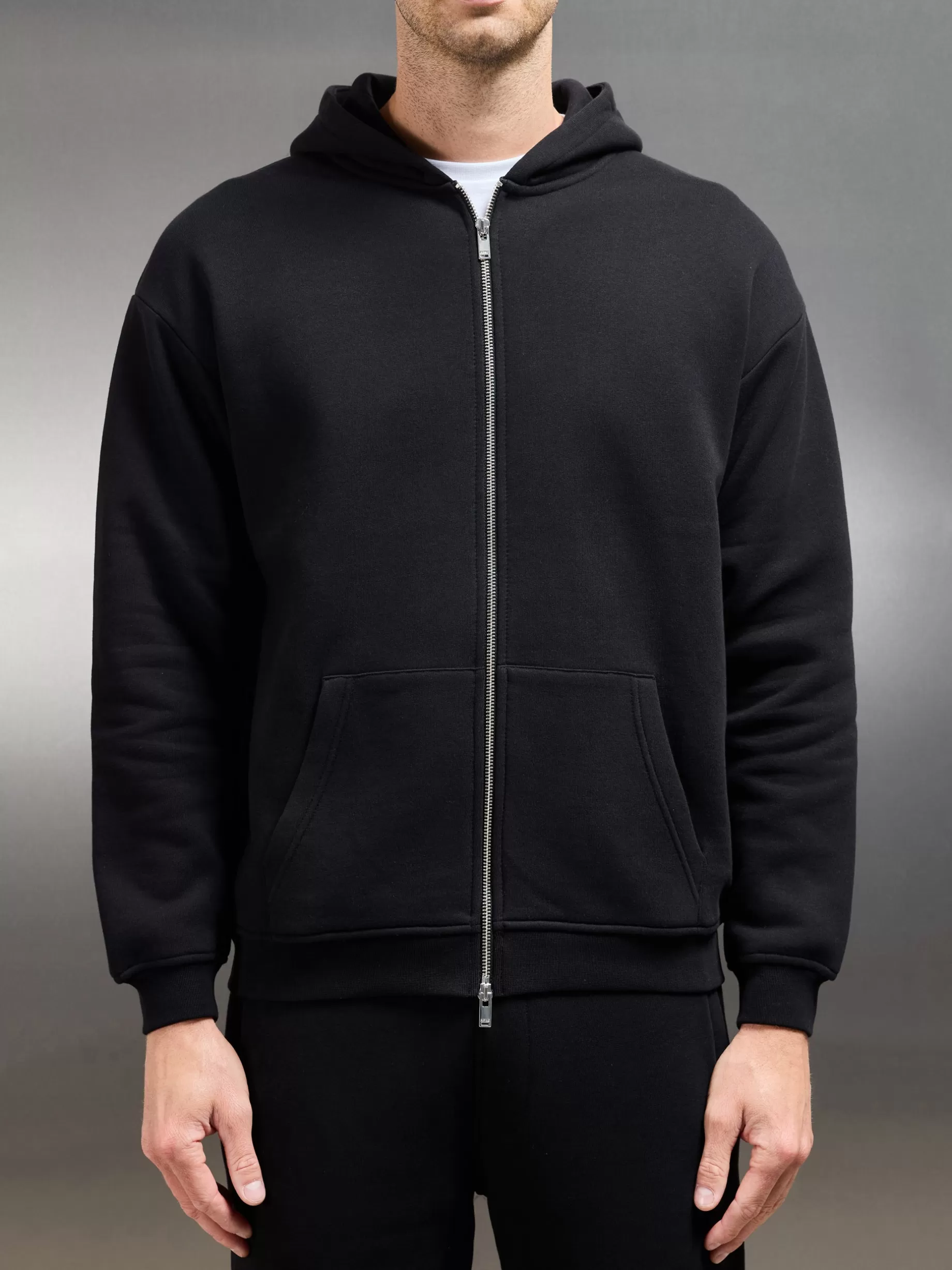 Store ARNE Essential Relaxed Fit Zip Through Hoodie - Black