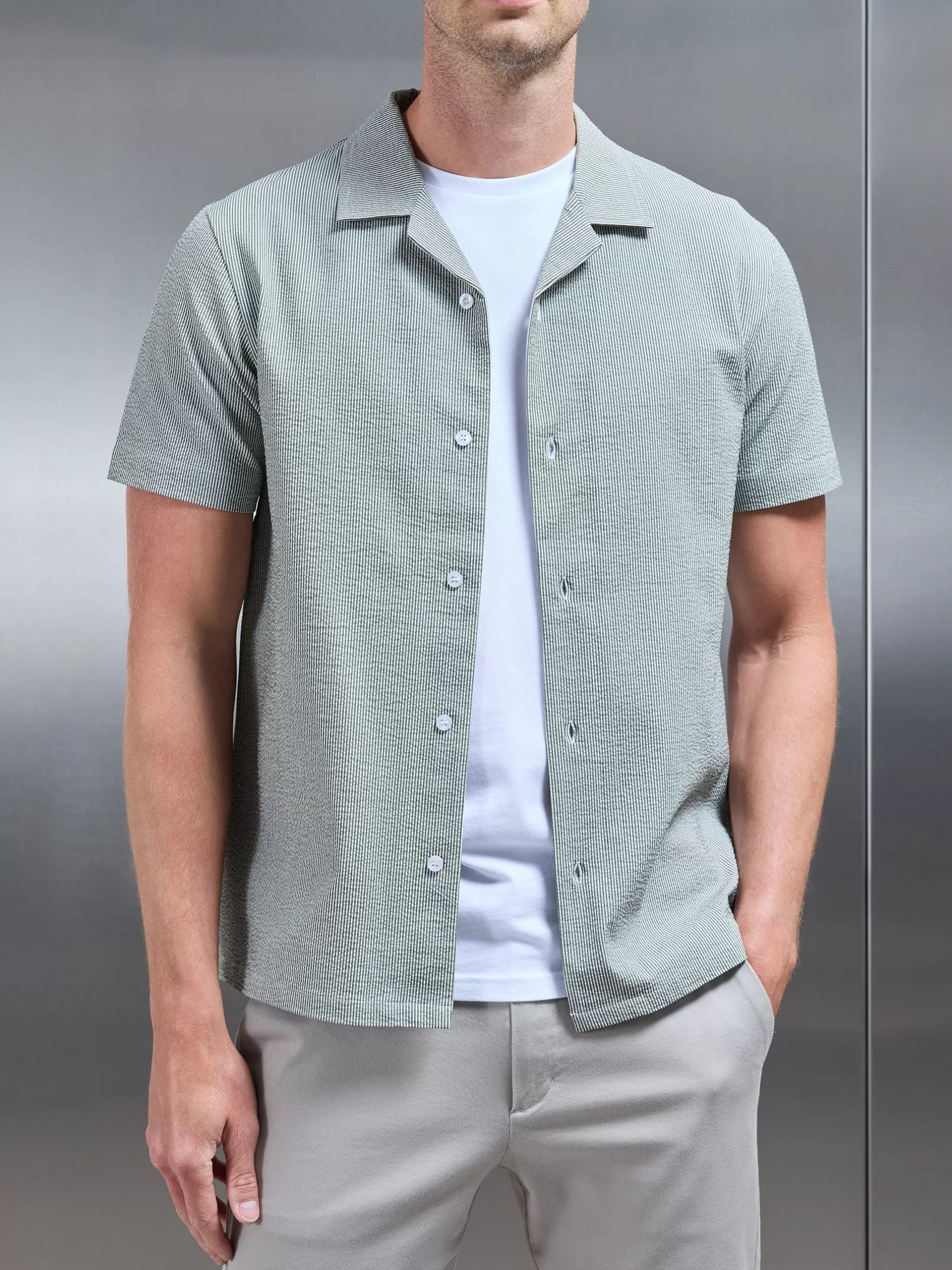 Hot ARNE Fine Stripe Short Sleeve Revere Collar Shirt - Sage