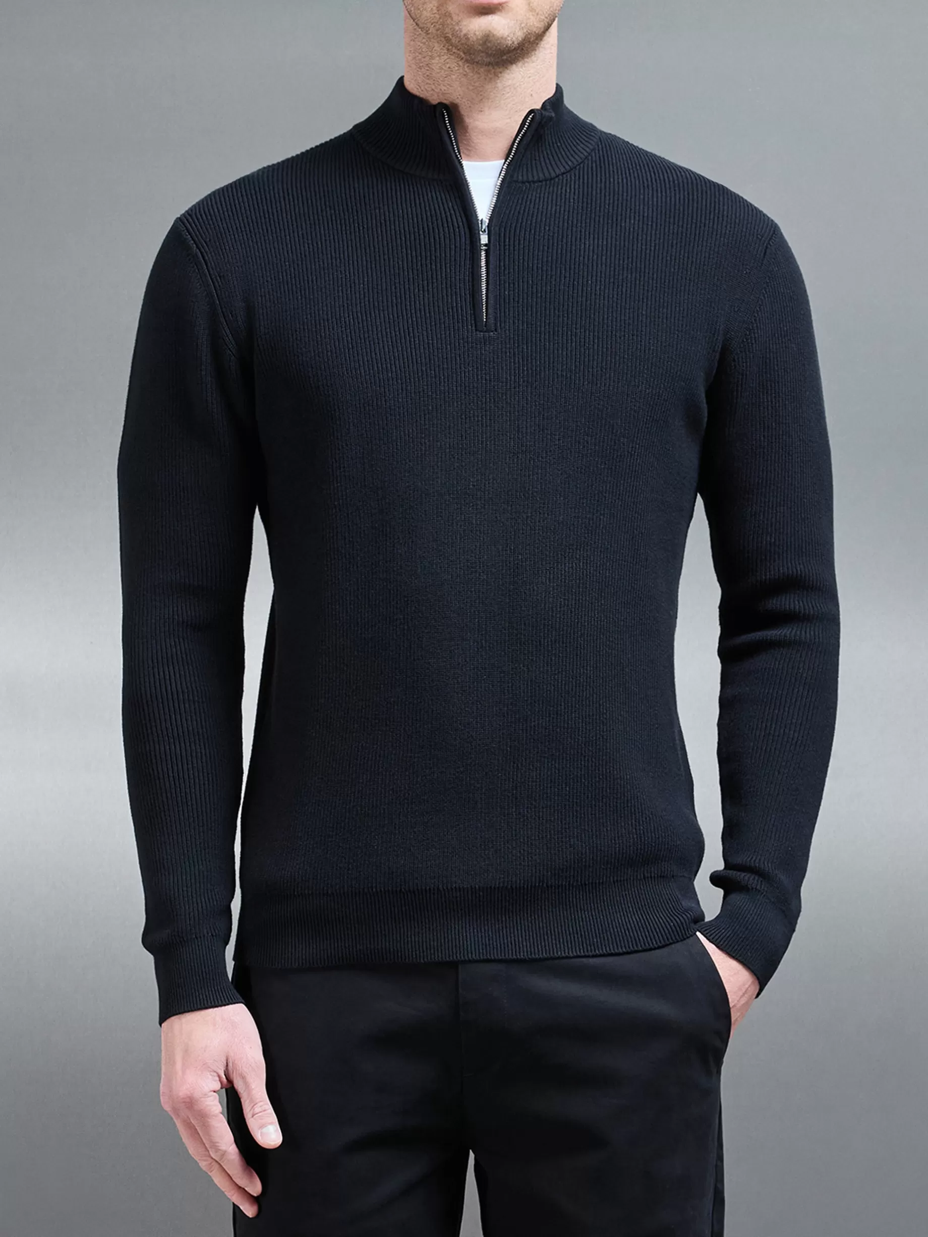 Cheap ARNE Knitted Ribbed Half Zip Funnel Neck Jumper - Black