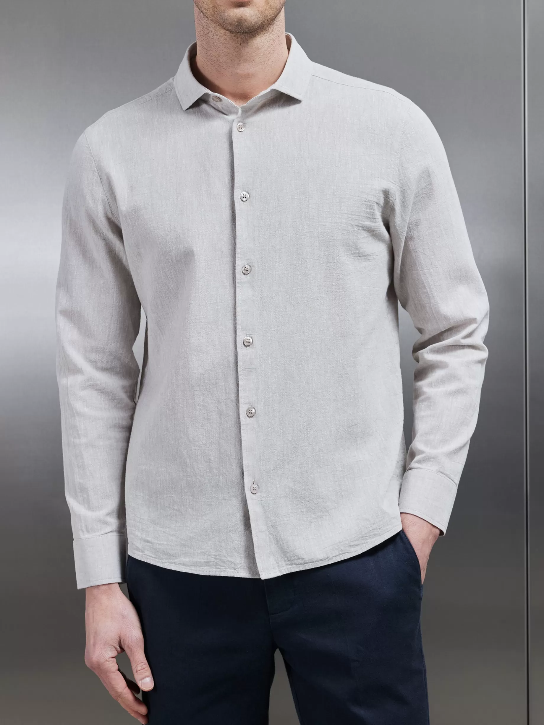 Shop ARNE Linen Long Sleeve Cutaway Collar Shirt - Stone