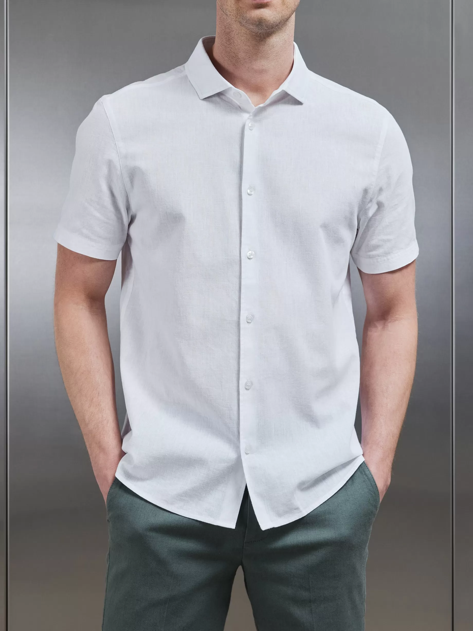 Flash Sale ARNE Linen Short Sleeve Cutaway Collar Shirt - White