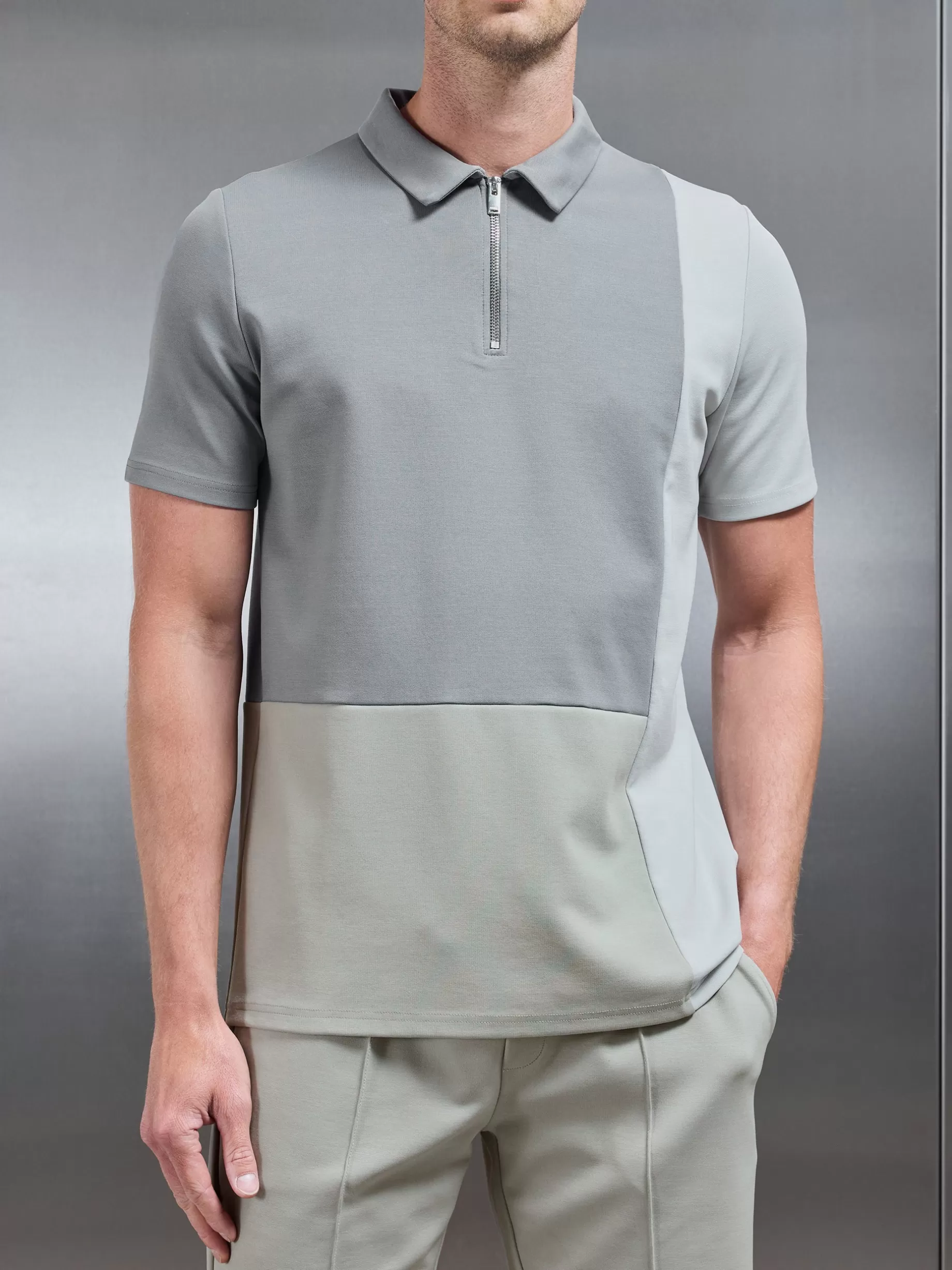 Sale ARNE Luxe Colour Block Zip Polo Shirt - Stone