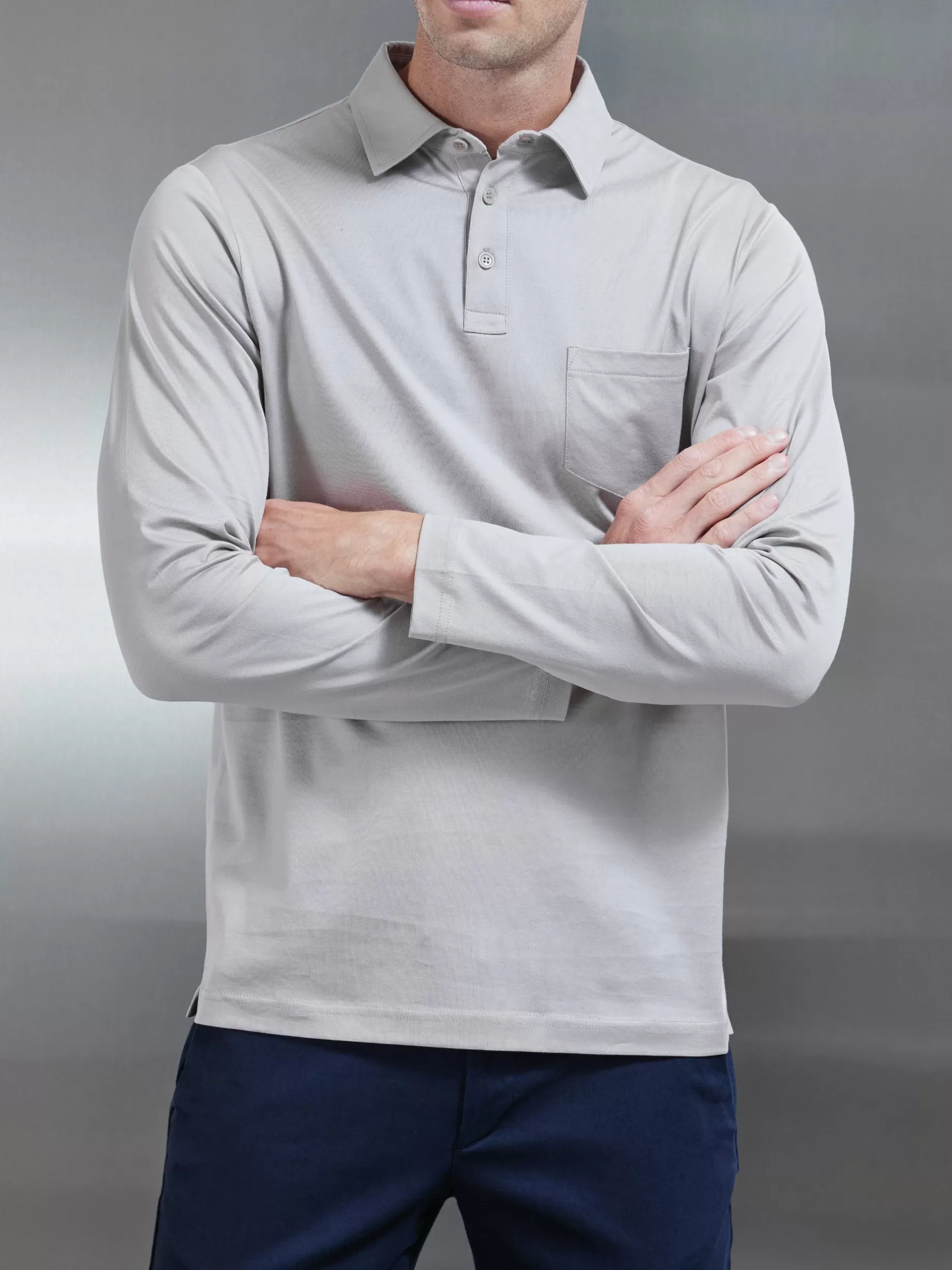 Store ARNE Mercerised Cotton Long Sleeve Polo Shirt - Stone