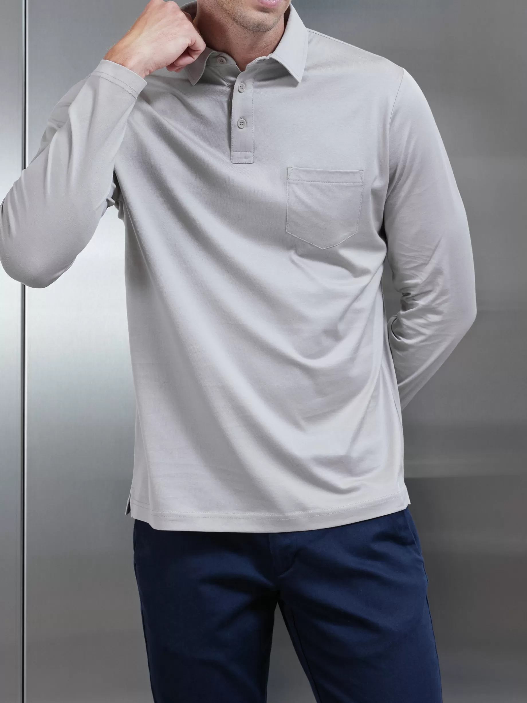 Store ARNE Mercerised Cotton Long Sleeve Polo Shirt - Stone