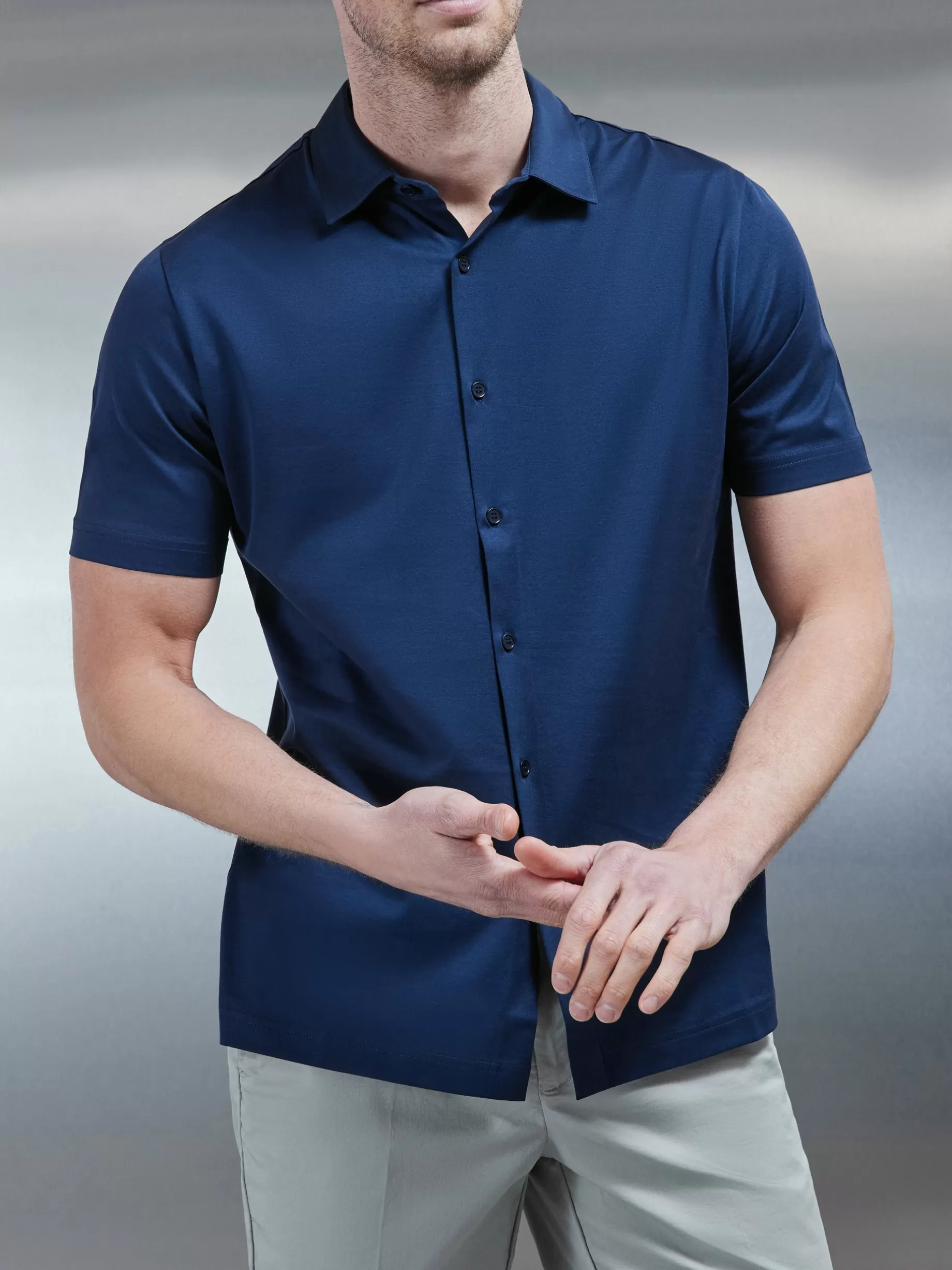 Online ARNE Mercerised Cotton Short Sleeve Shirt - Navy