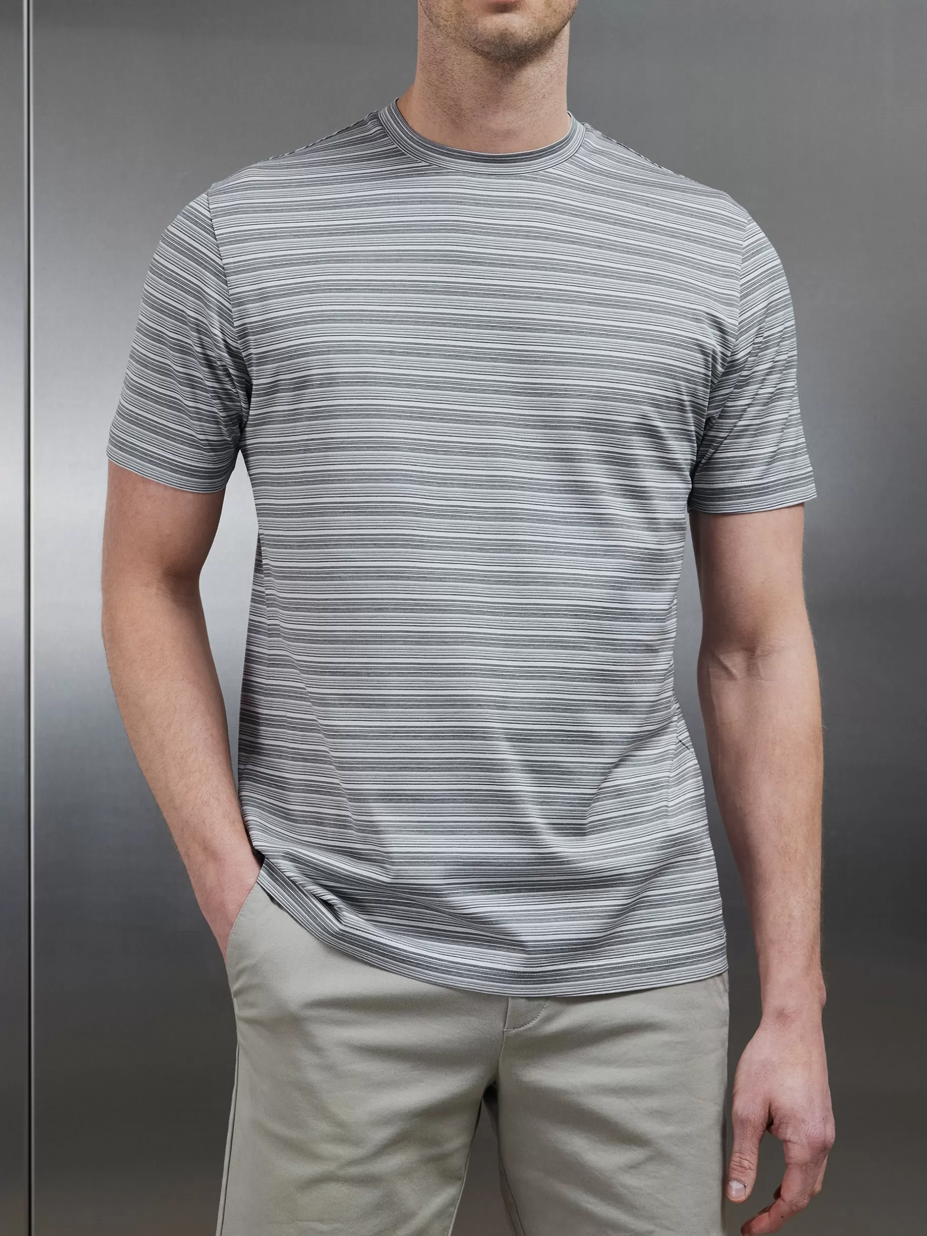 Shop ARNE Mercerised Cotton Space Dye Striped T-Shirt - Grey