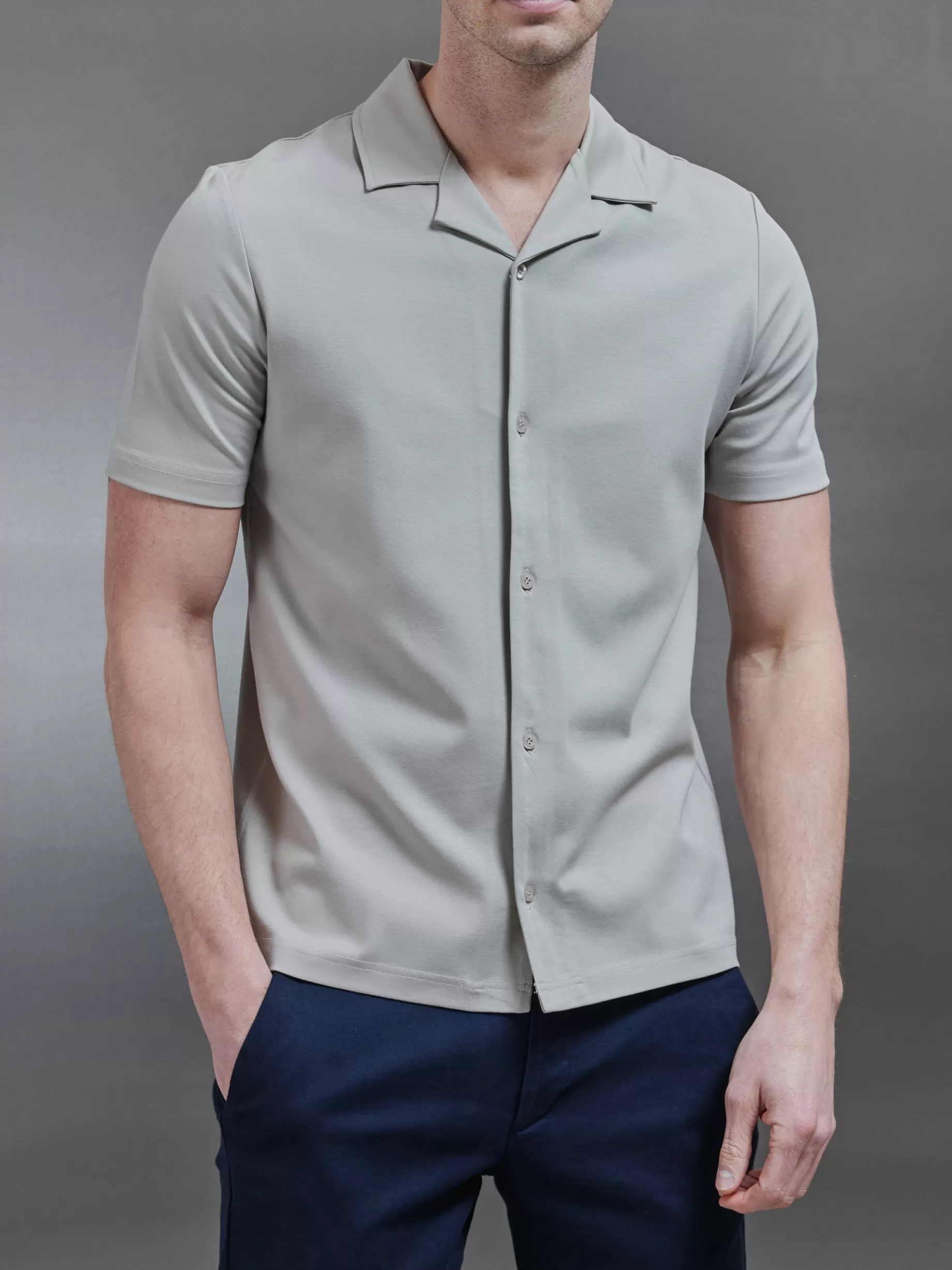 Clearance ARNE Mercerised Interlock Revere Collar Shirt - Stone