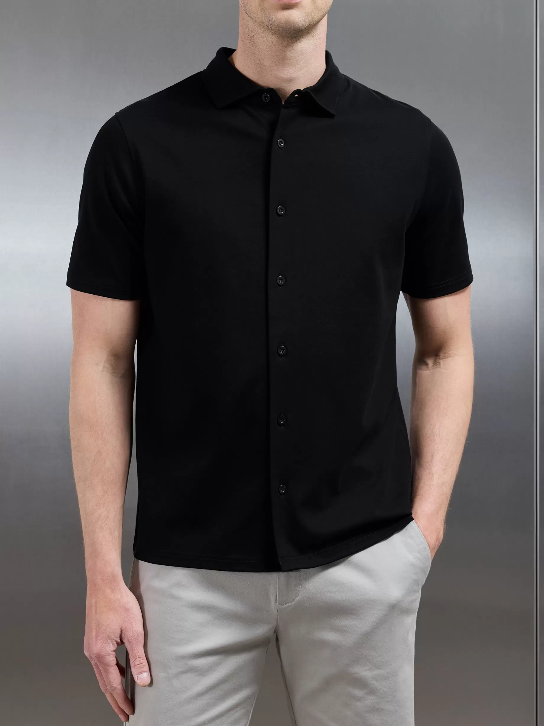 New ARNE Mercerised Interlock Short Sleeve Button Through Shirt - Black