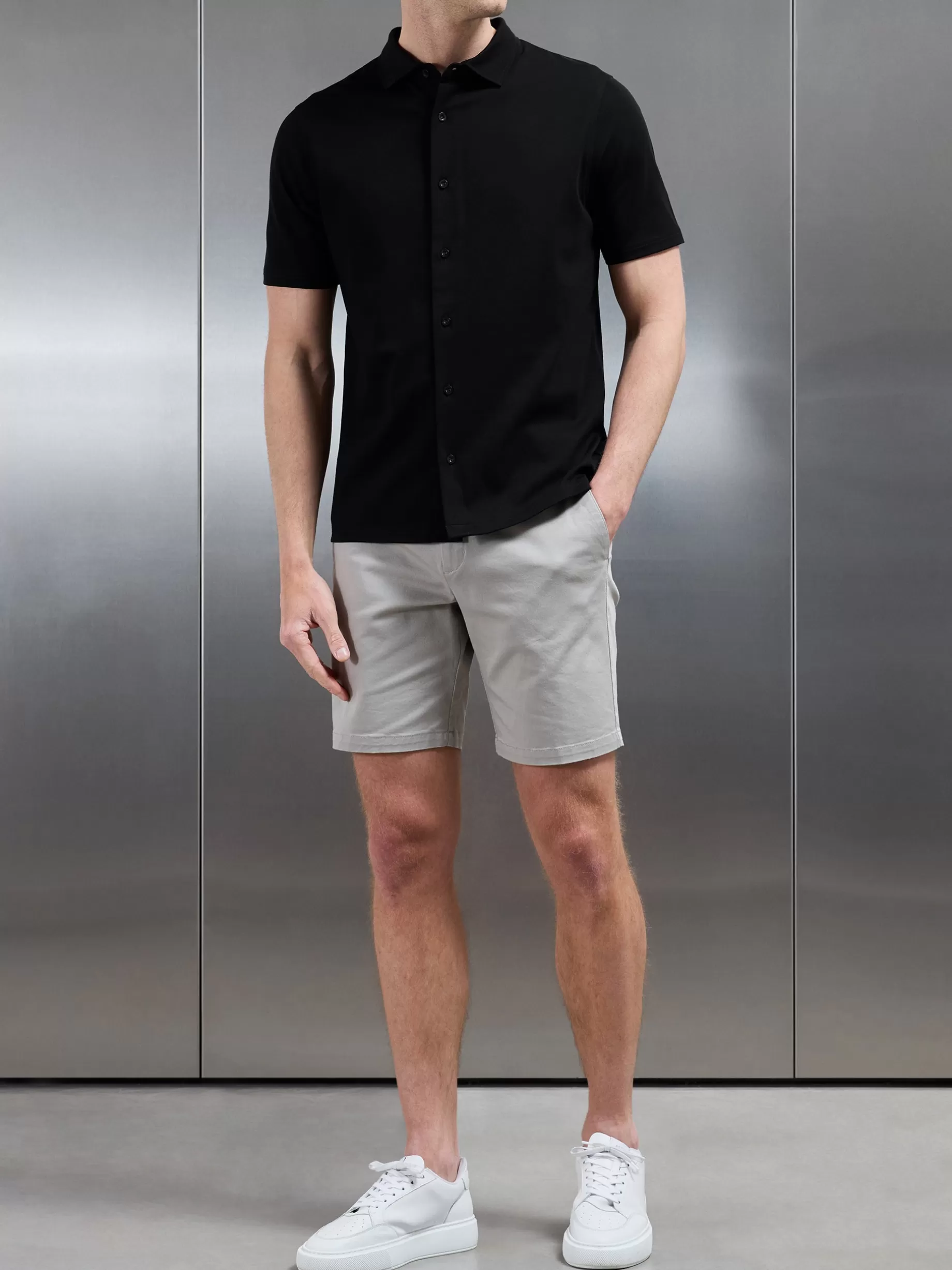 New ARNE Mercerised Interlock Short Sleeve Button Through Shirt - Black