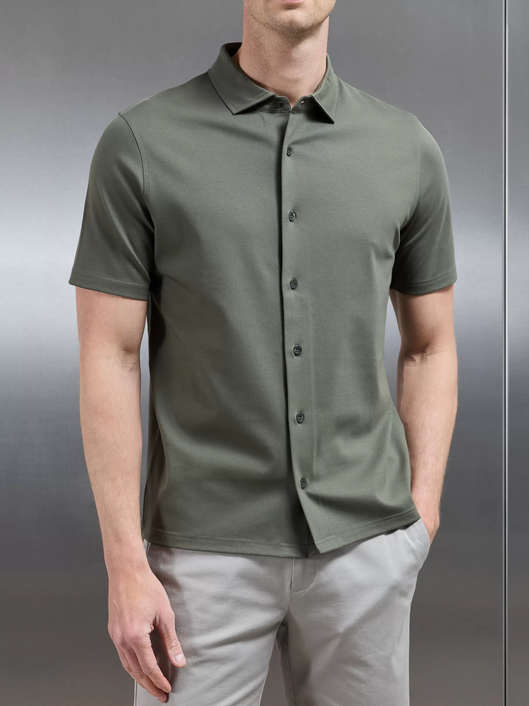 Outlet ARNE Mercerised Interlock Short Sleeve Button Through Shirt - Sage