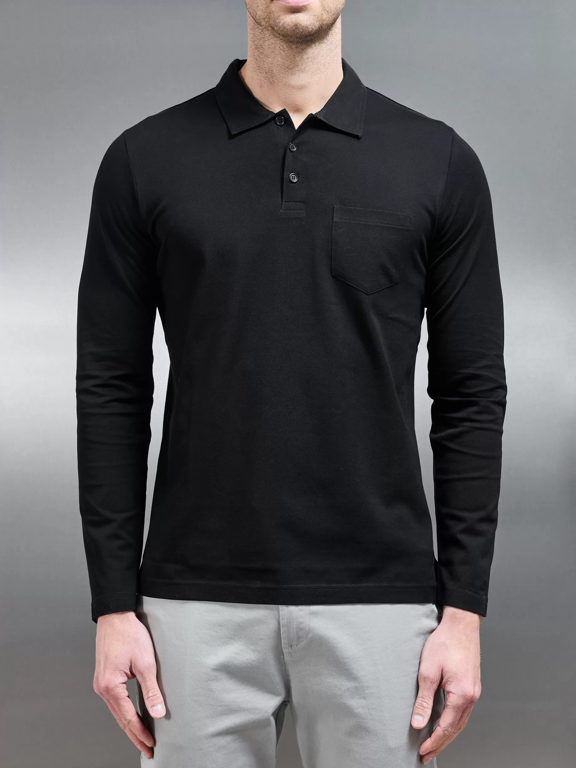 Flash Sale ARNE Mercerised Pique Long Sleeve Button Polo Shirt - Black