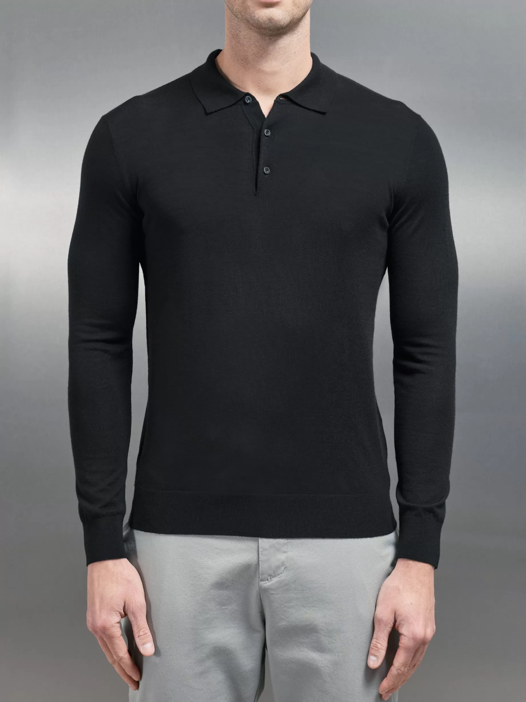 Shop ARNE Merino Wool Long Sleeve Button Polo Shirt - Black