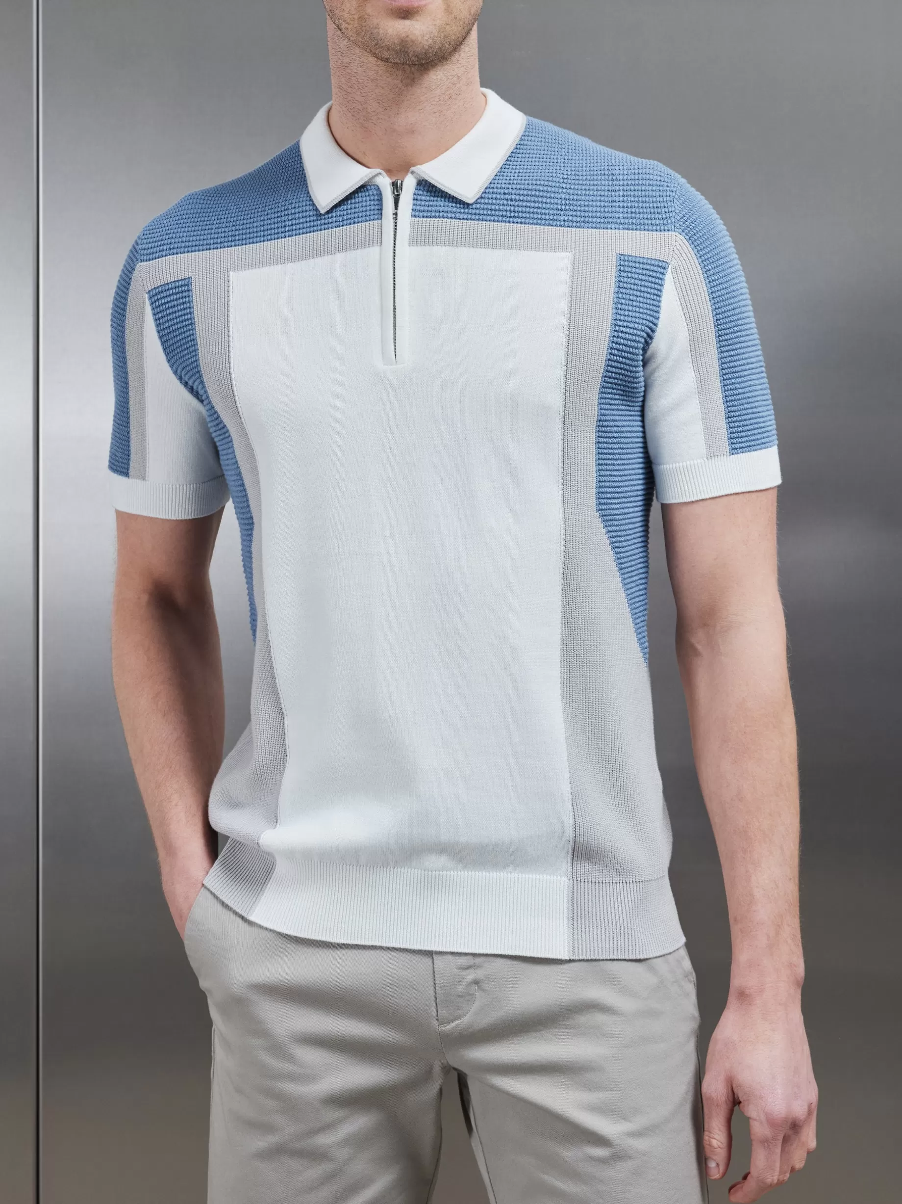 Outlet ARNE Panel Colour Block Knitted Zip Polo Shirt - Dove Blue DoveBlue