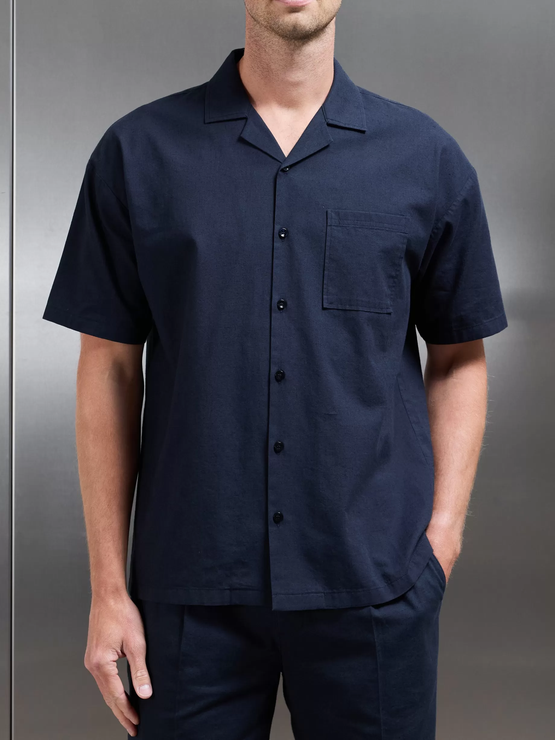 Online ARNE Relaxed Cotton Linen Revere Collar Shirt - Navy