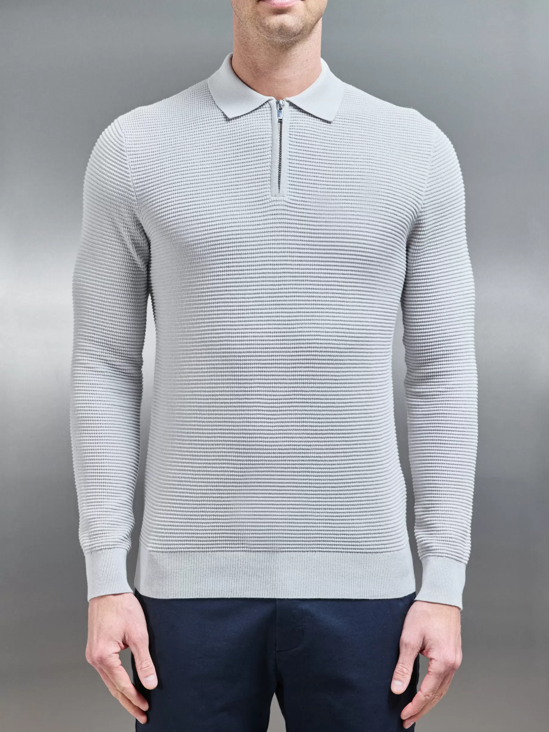 Cheap ARNE Ribbed Textured Long Sleeve Knitted Zip Polo - Mid Grey MidGrey