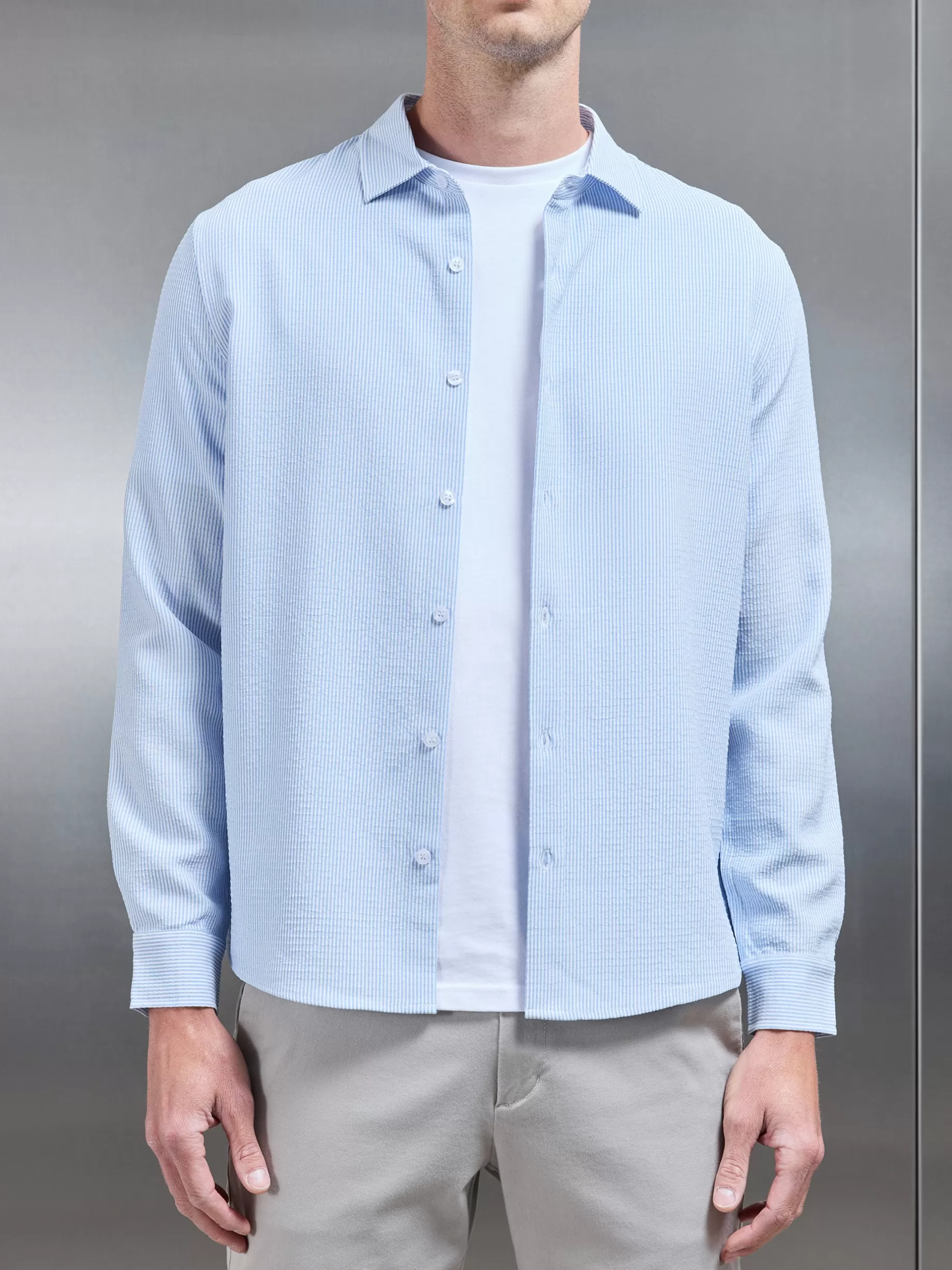 Best ARNE Seersucker Long Sleeve Cutaway Collar Shirt - Light Blue LightBlue