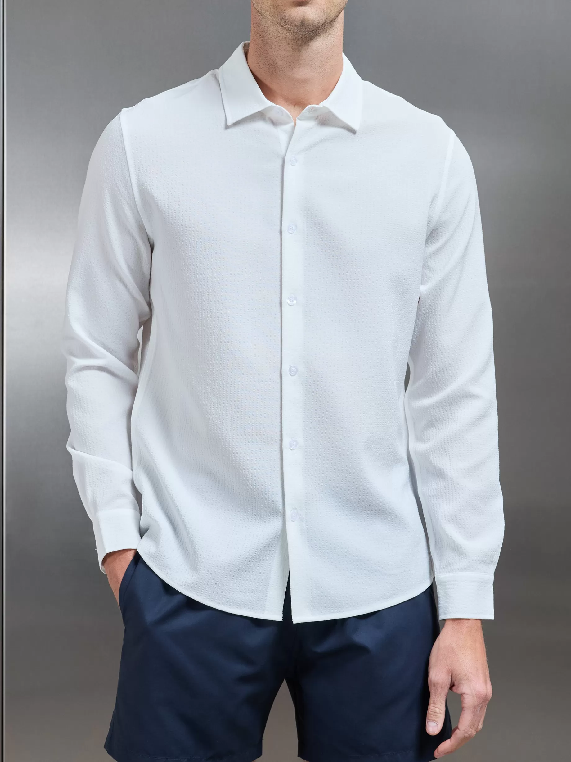 Best Sale ARNE Seersucker Long Sleeve Cutaway Collar Shirt - White