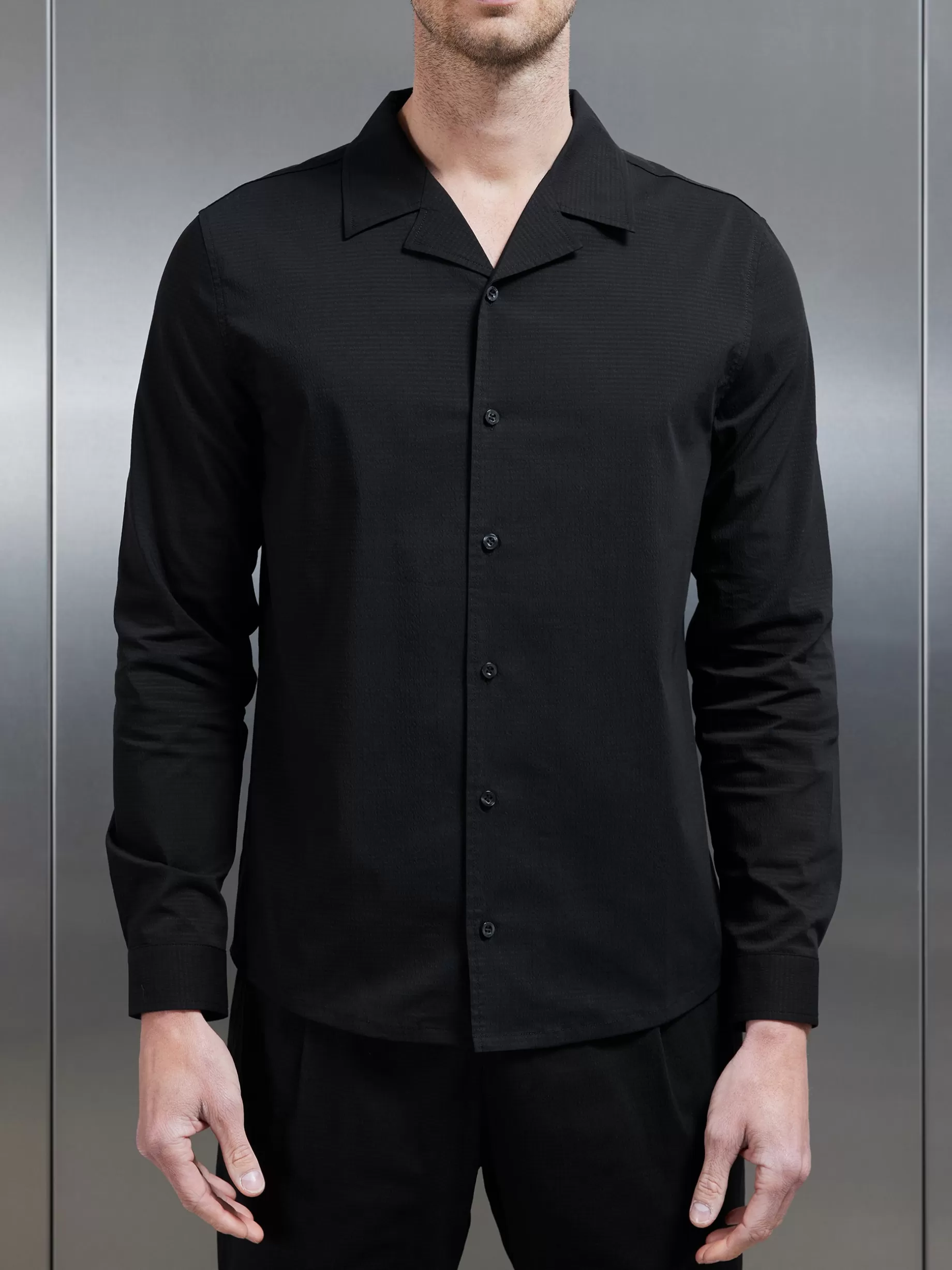 Shop ARNE Seersucker Revere Collar Long Sleeve Shirt - Black