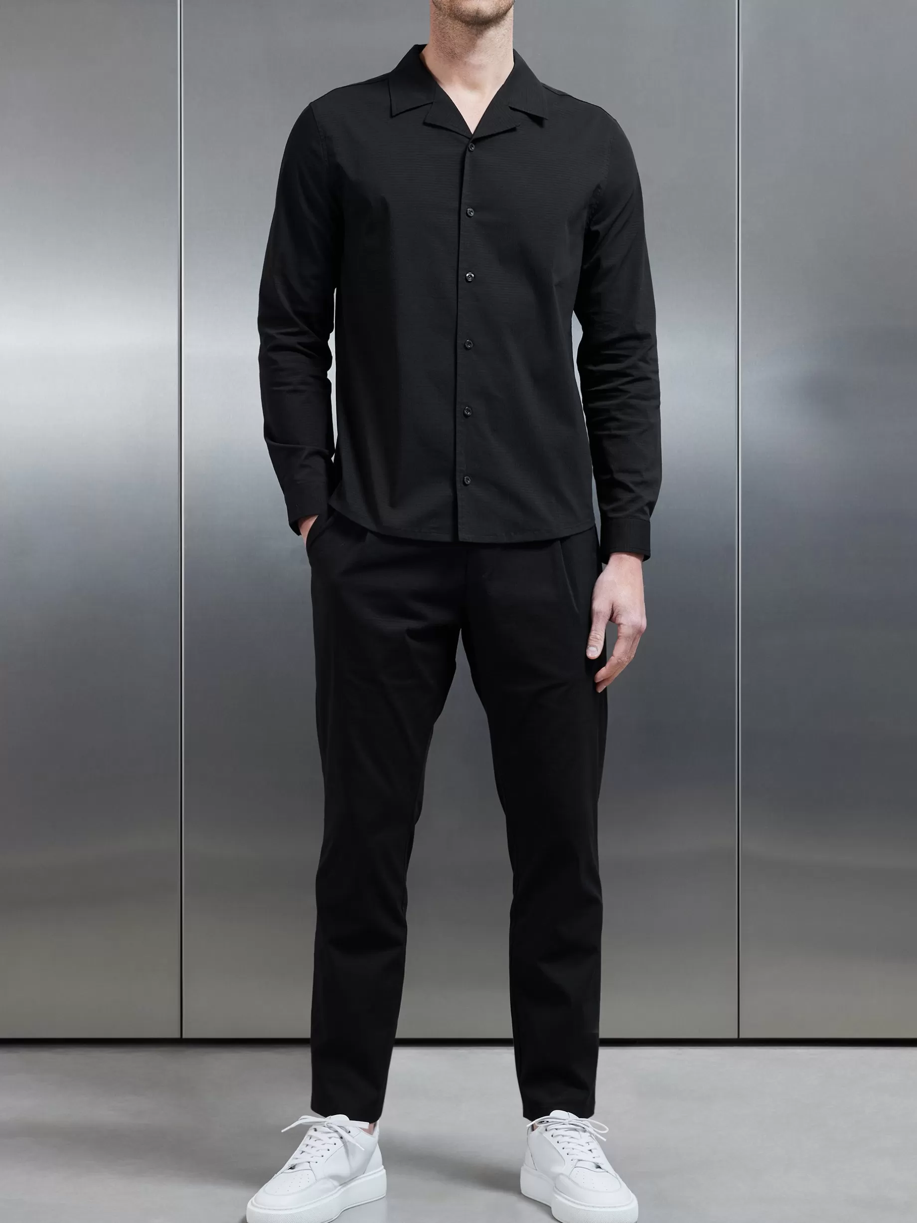 Shop ARNE Seersucker Revere Collar Long Sleeve Shirt - Black